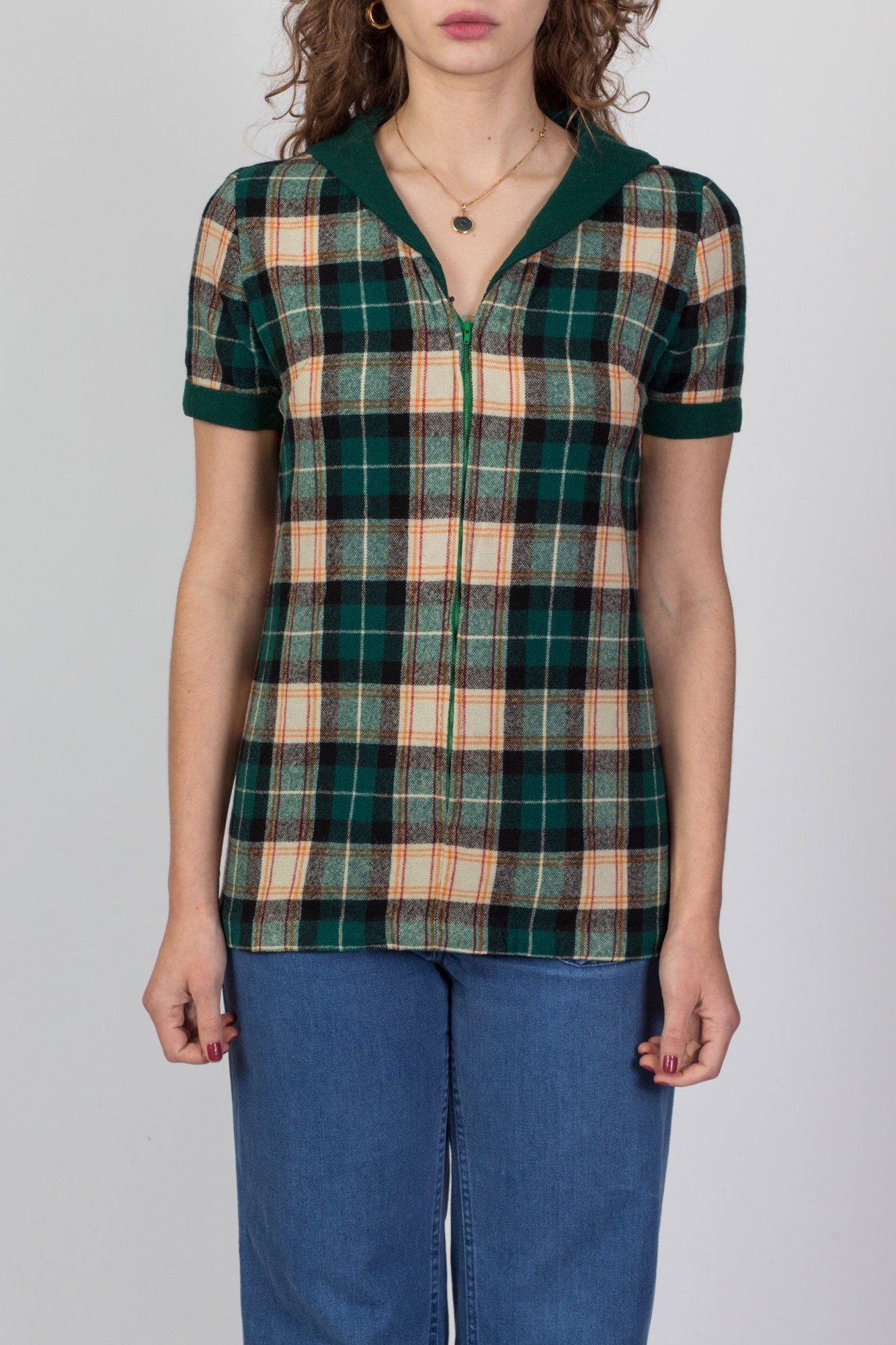 60s 70s Plaid Wool Zip Up Top - Small 