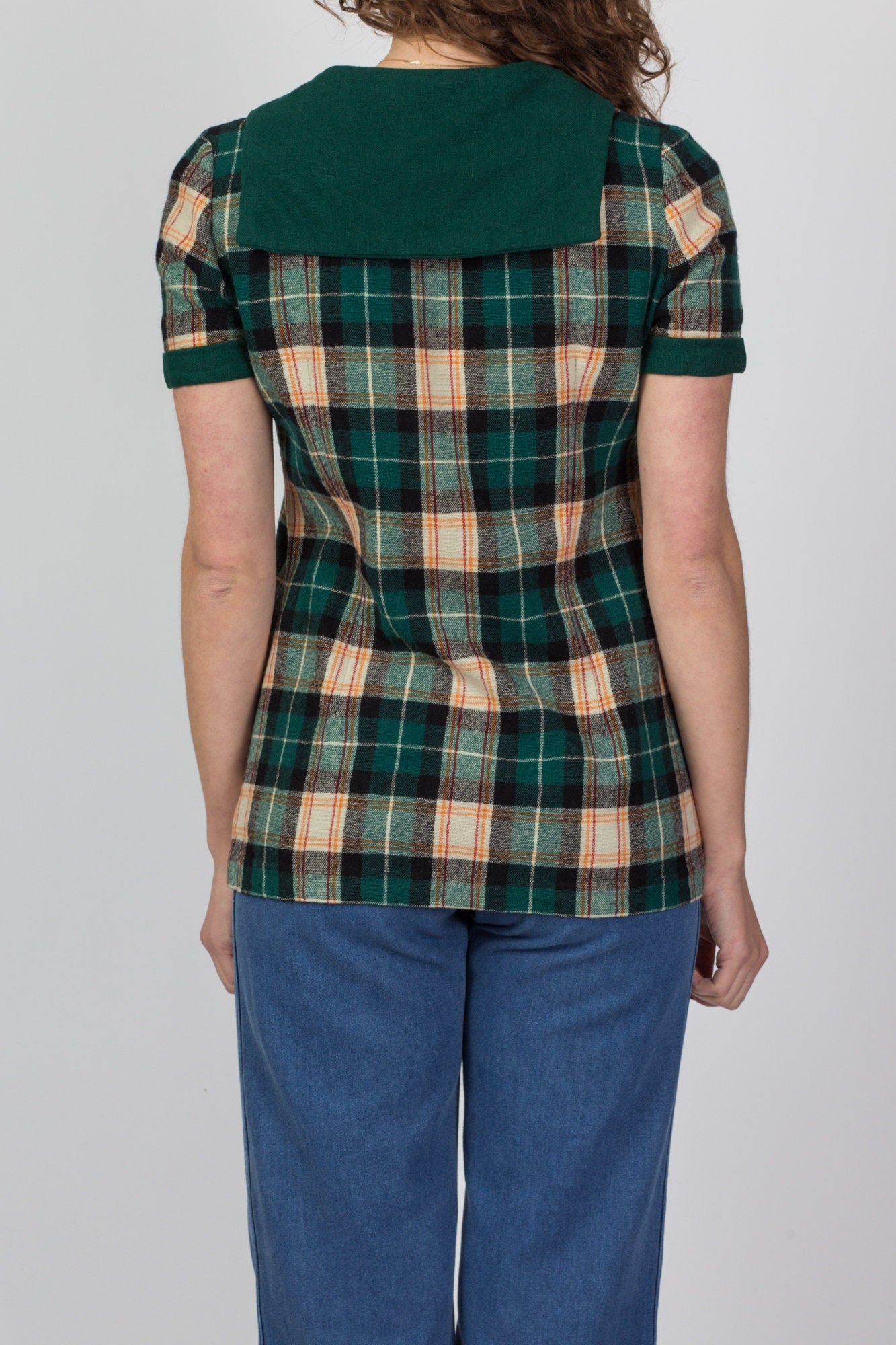 60s 70s Plaid Wool Zip Up Top - Small 