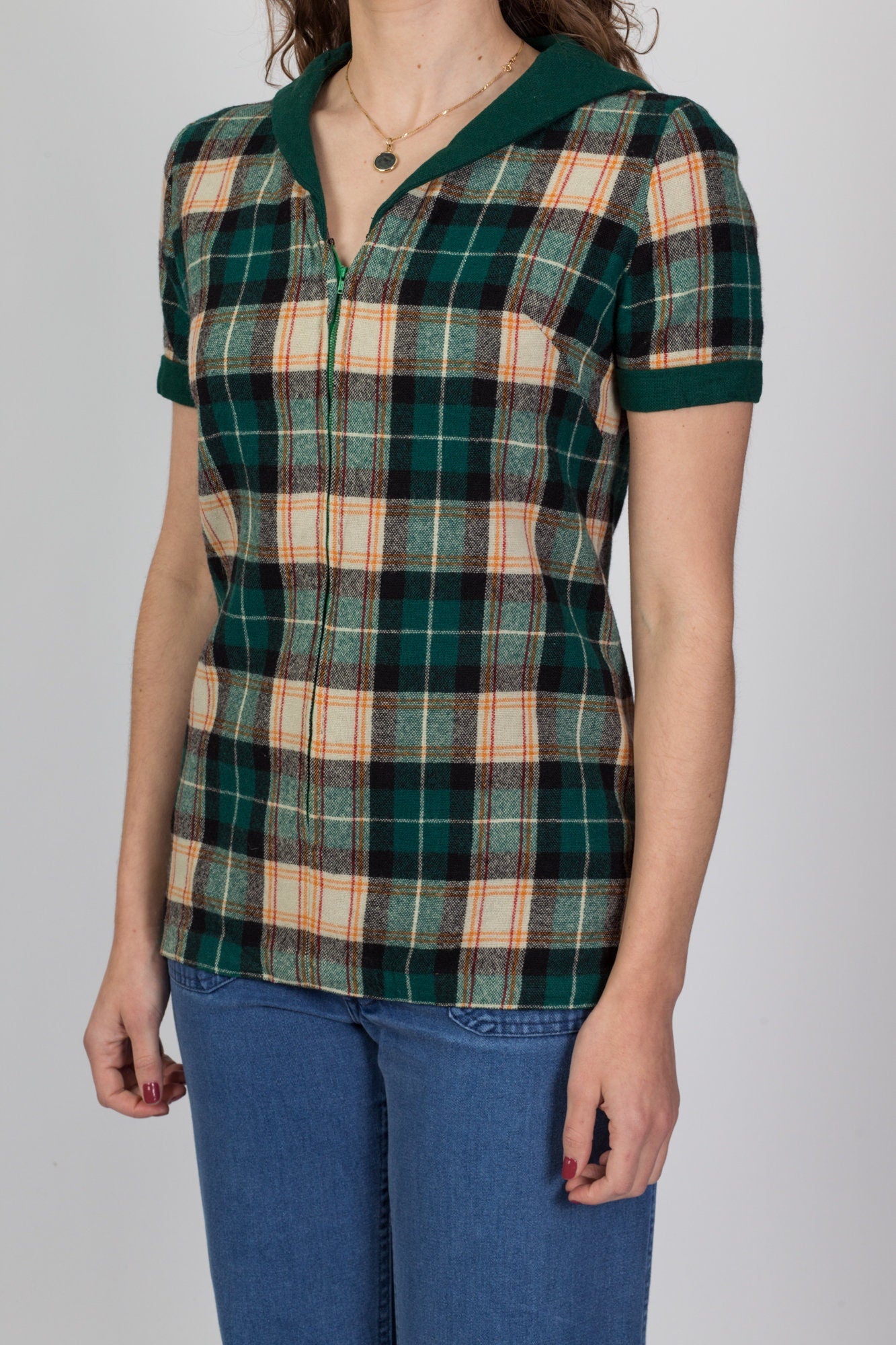 60s 70s Plaid Wool Zip Up Top - Small 