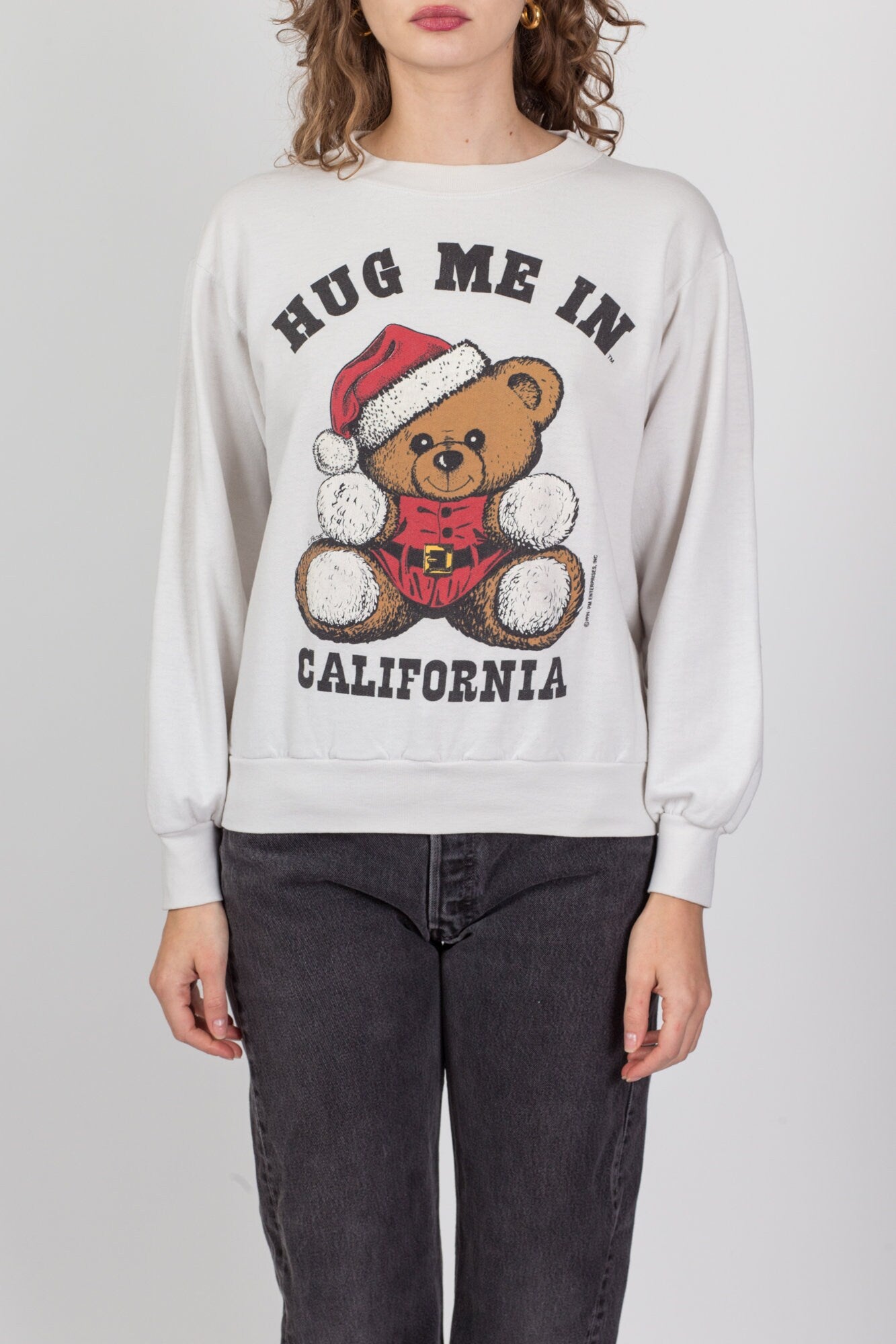 90s "Hug Me In California" Teddy Bear Santa Sweatshirt - Medium 
