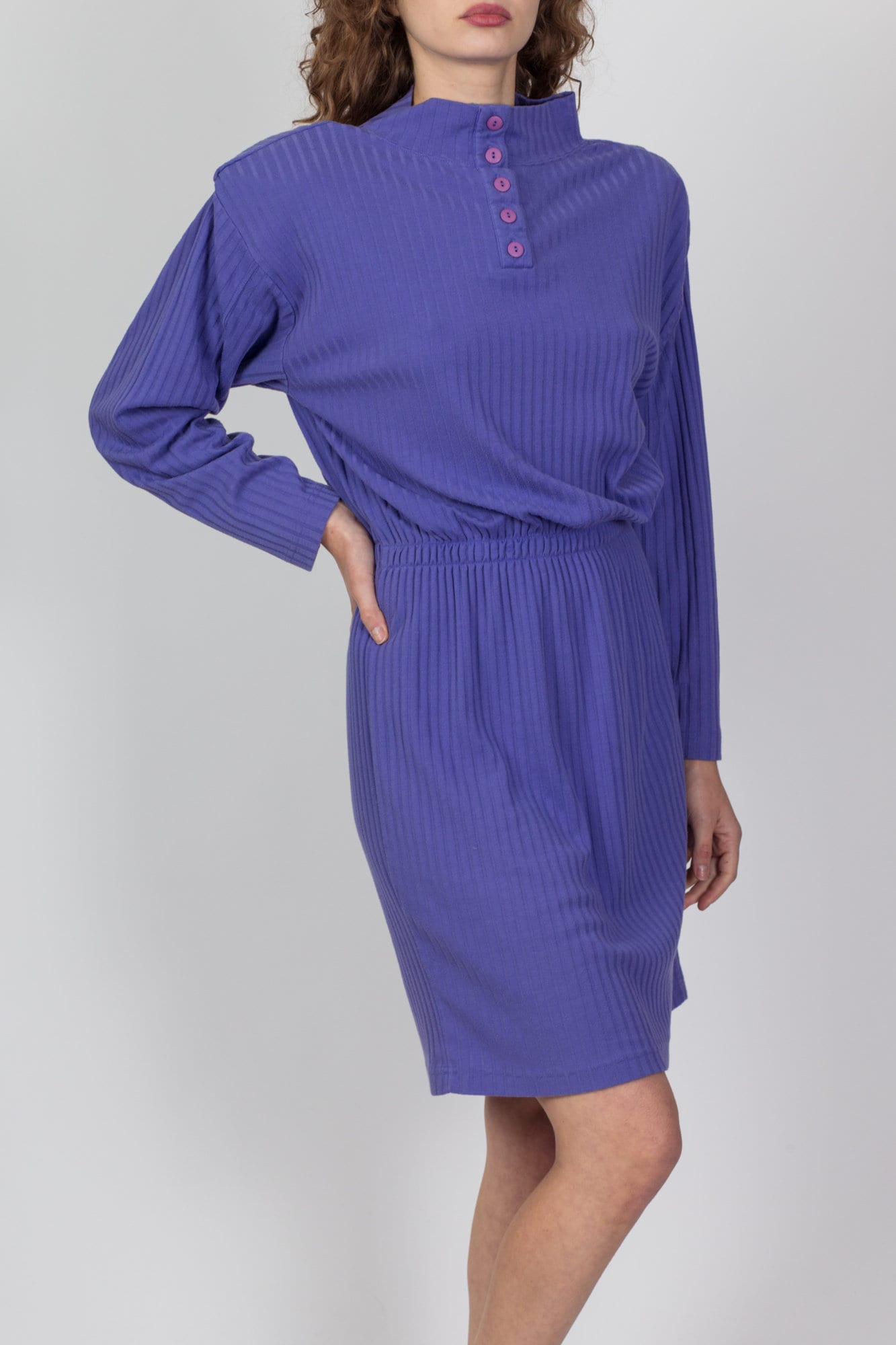 80s Purple Mini Ribbed Sweater Dress - Large | Vintage Slouchy Pullover Long Sleeve Dress