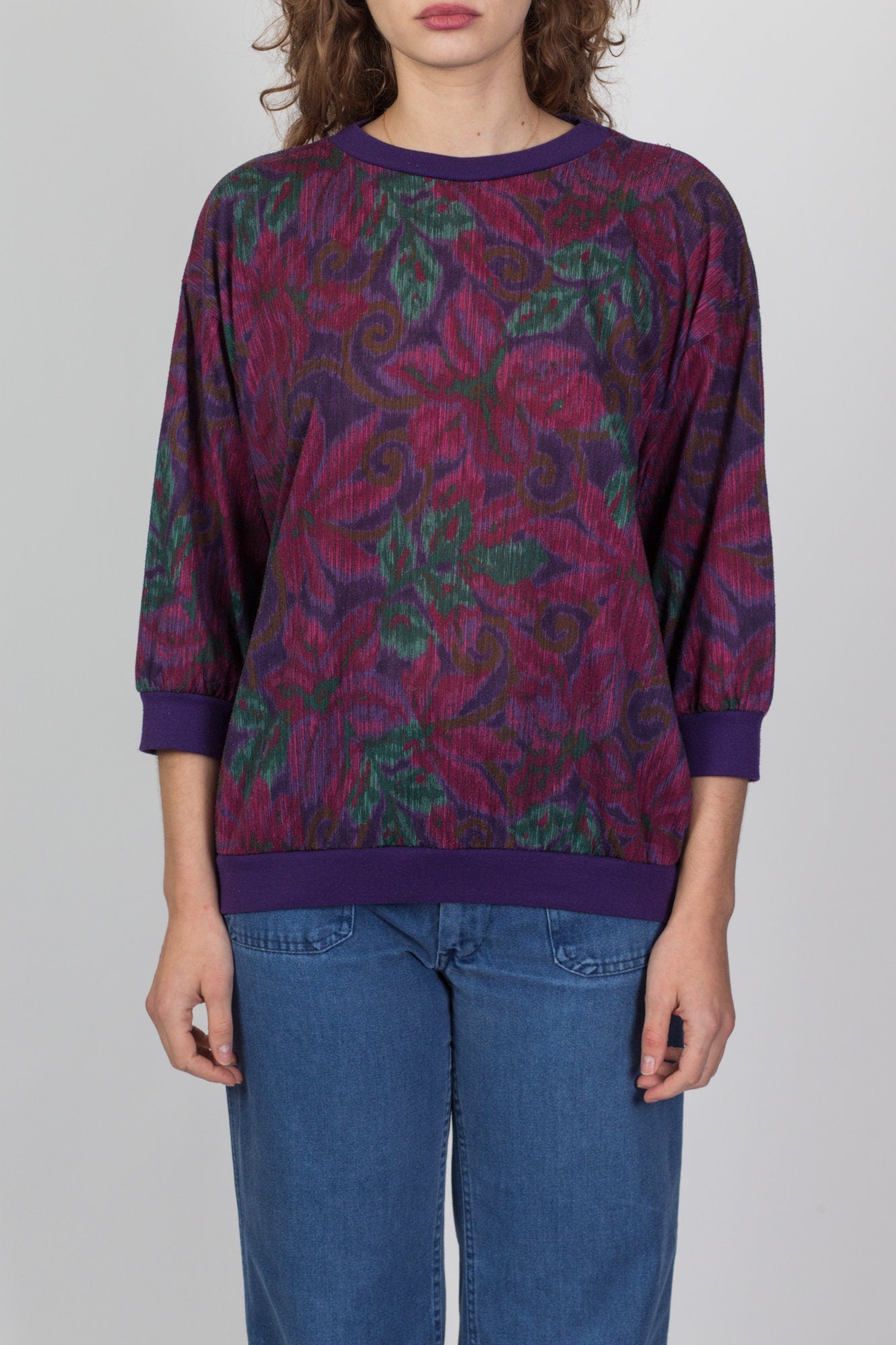 80s Purple Floral Print Shirt - Medium 