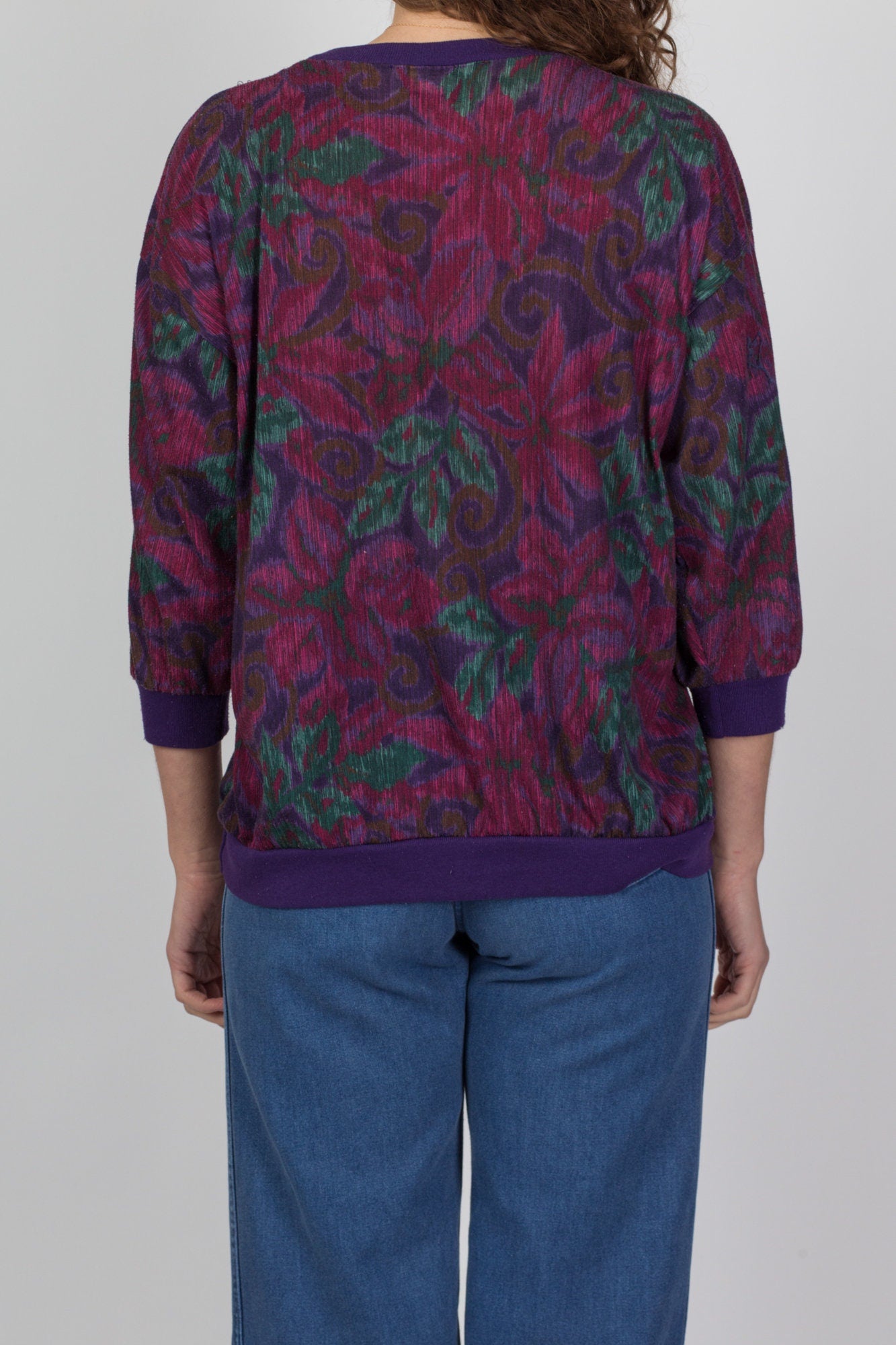 80s Purple Floral Print Shirt - Medium 