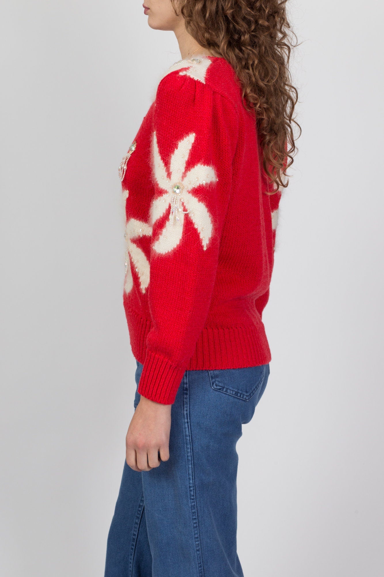 80s Red & White Pinwheel Angora Sweater - Medium 