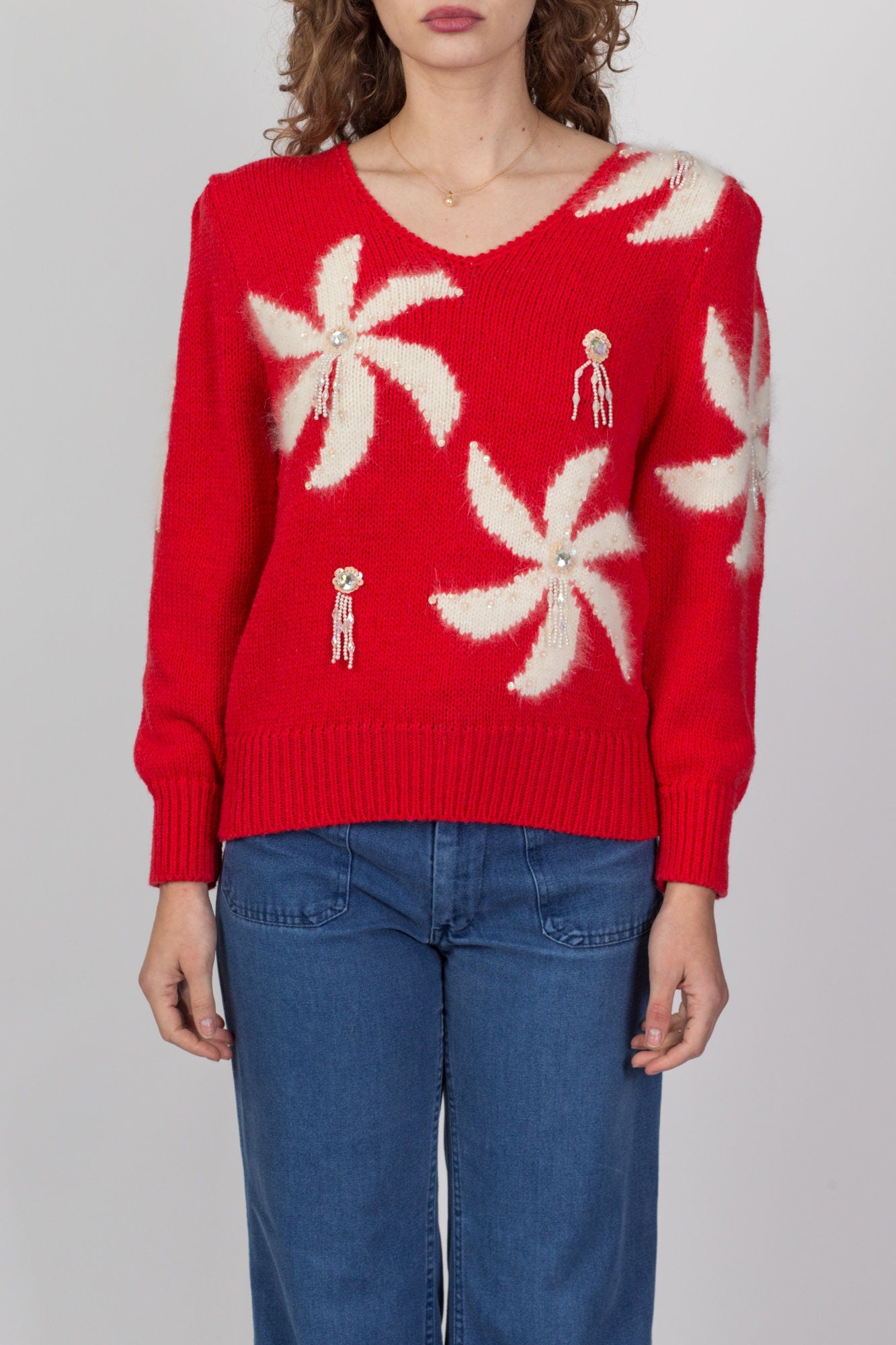 80s Red & White Pinwheel Angora Sweater - Medium 