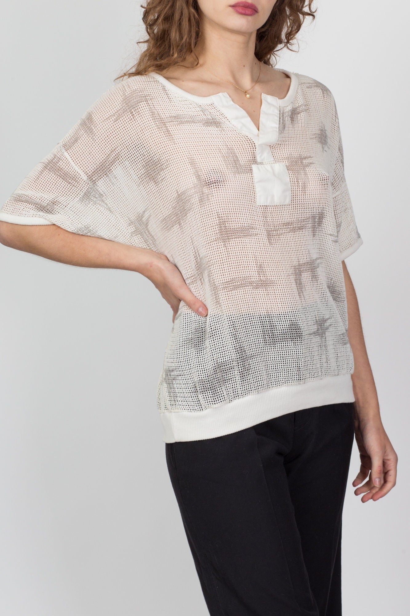 80s Net Mesh Henley Shirt - Medium 