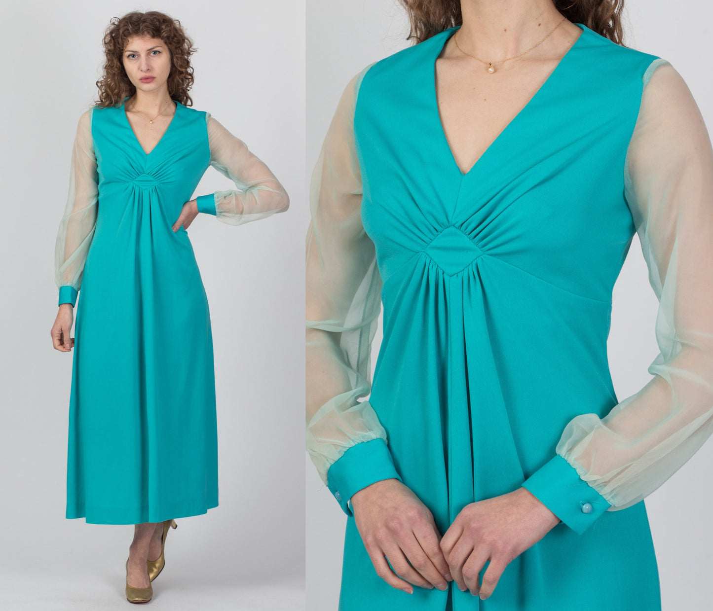 70s Blue Sheer Sleeve Maxi Dress - Medium 
