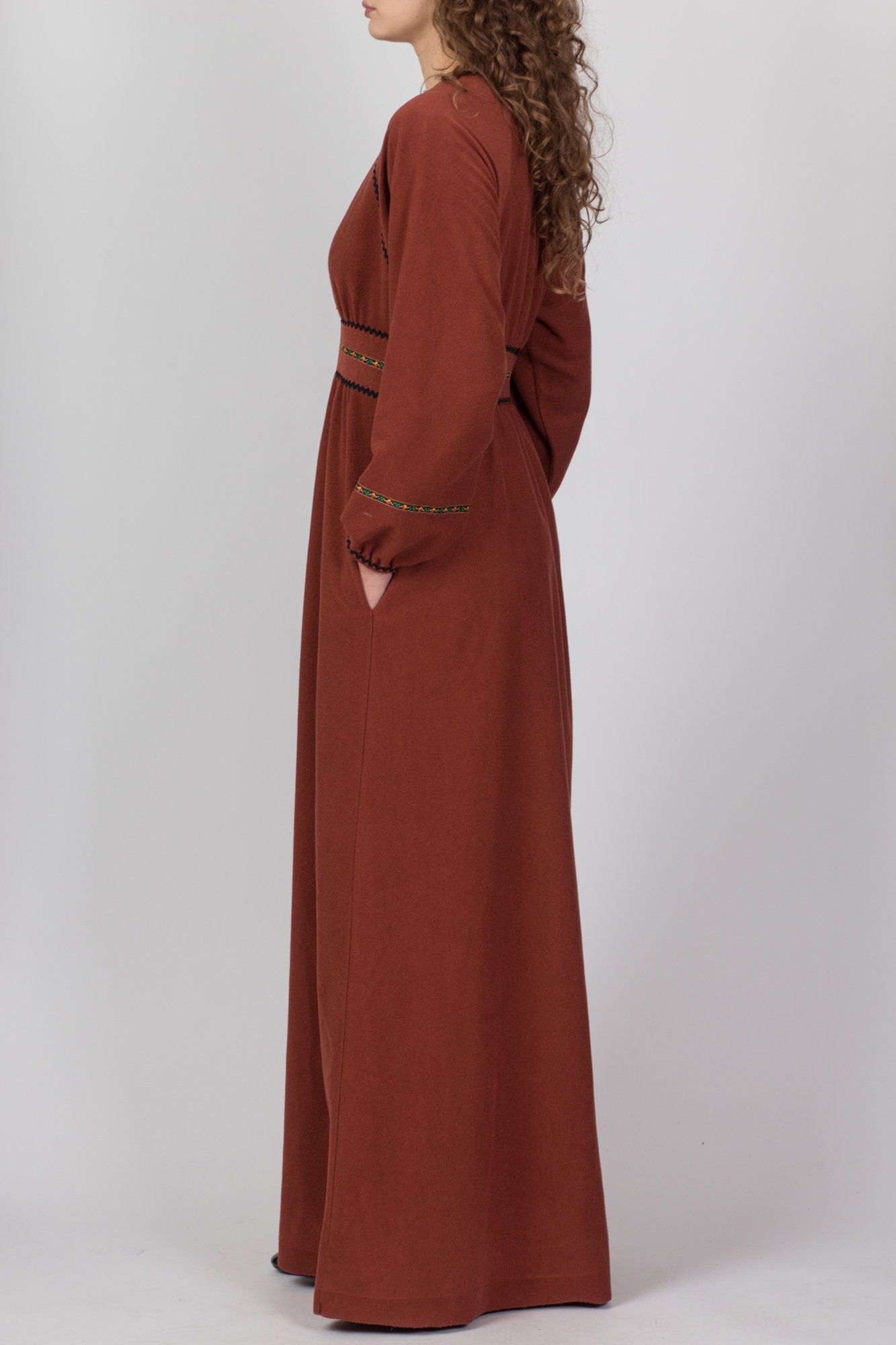 70s Vassarette Copper Felt Hostess Dress - Medium 