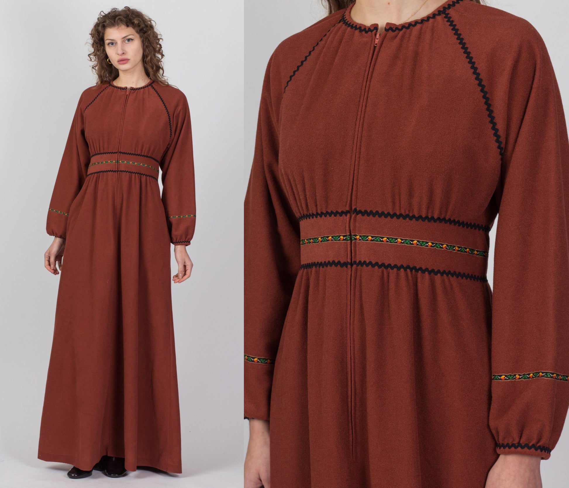 70s Vassarette Copper Felt Hostess Dress - Medium 