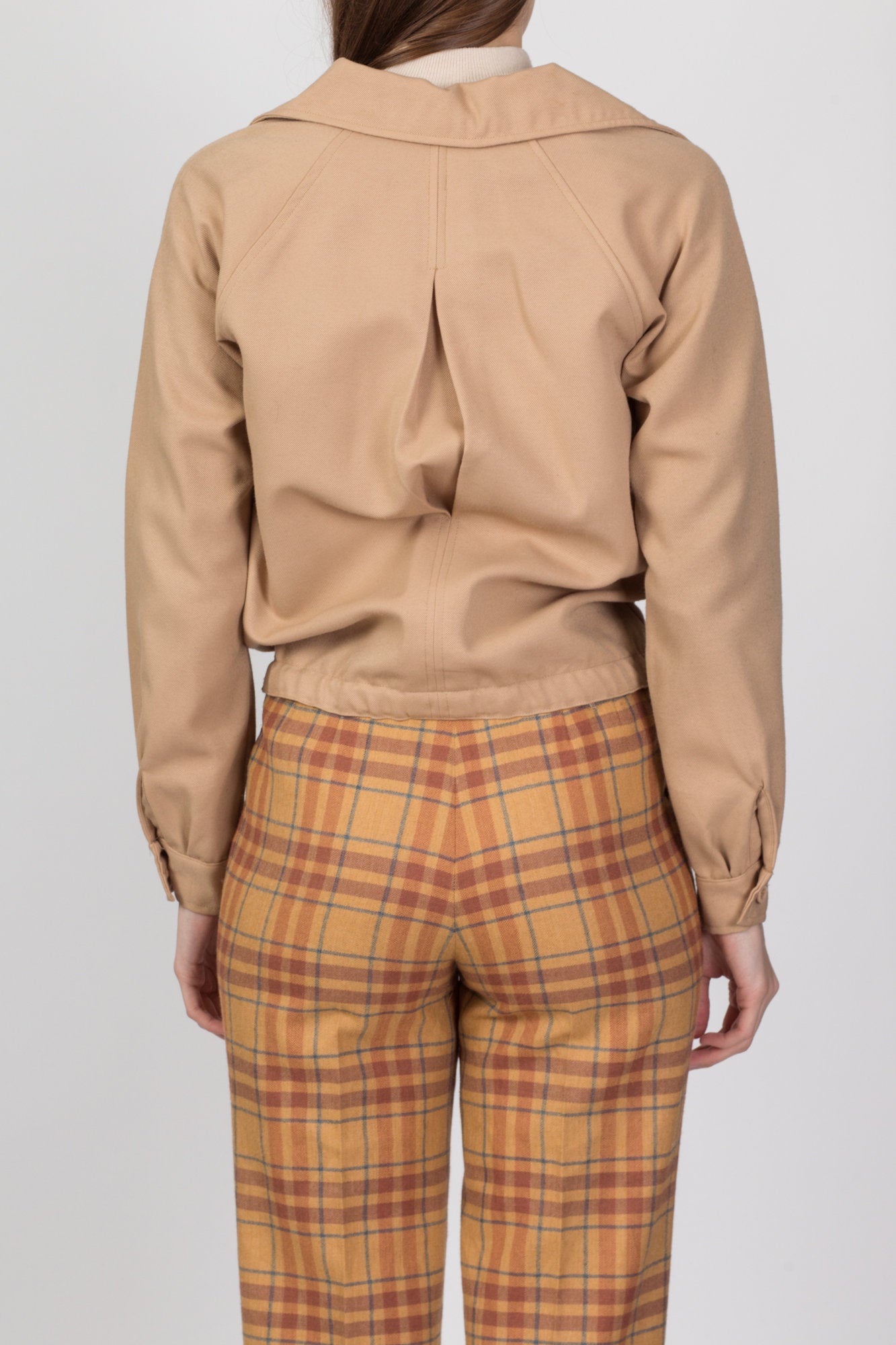 70s Tan Cropped Cinched Waist Jacket - Small to Medium 