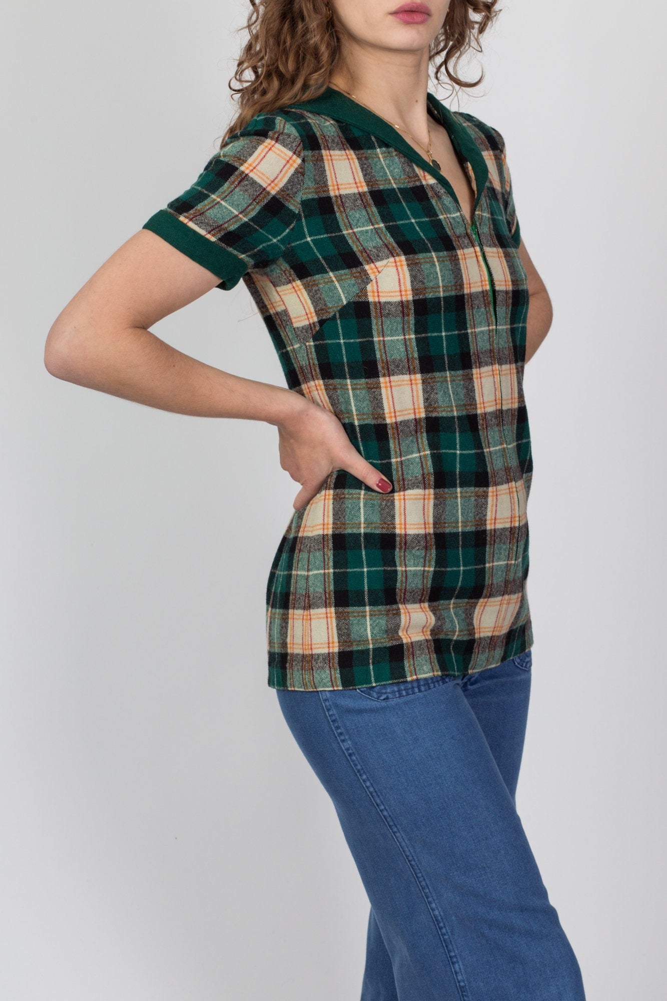 60s 70s Plaid Wool Zip Up Top - Small 
