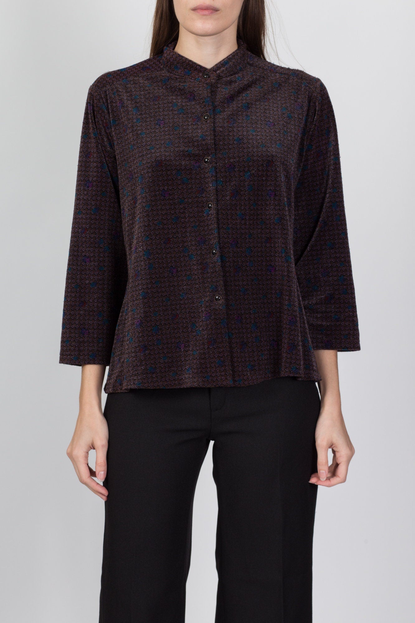 70s Nehru Collar Velour Top - Large 