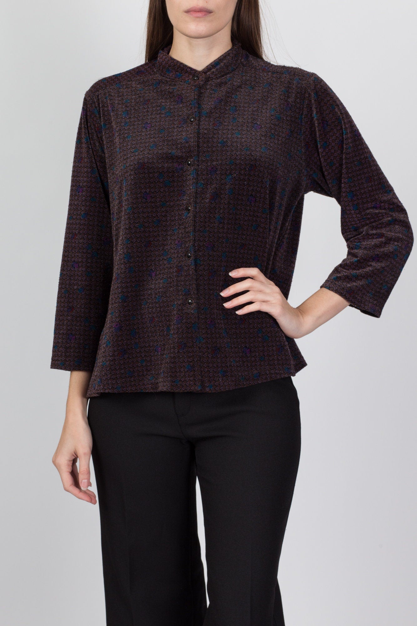70s Nehru Collar Velour Top - Large 