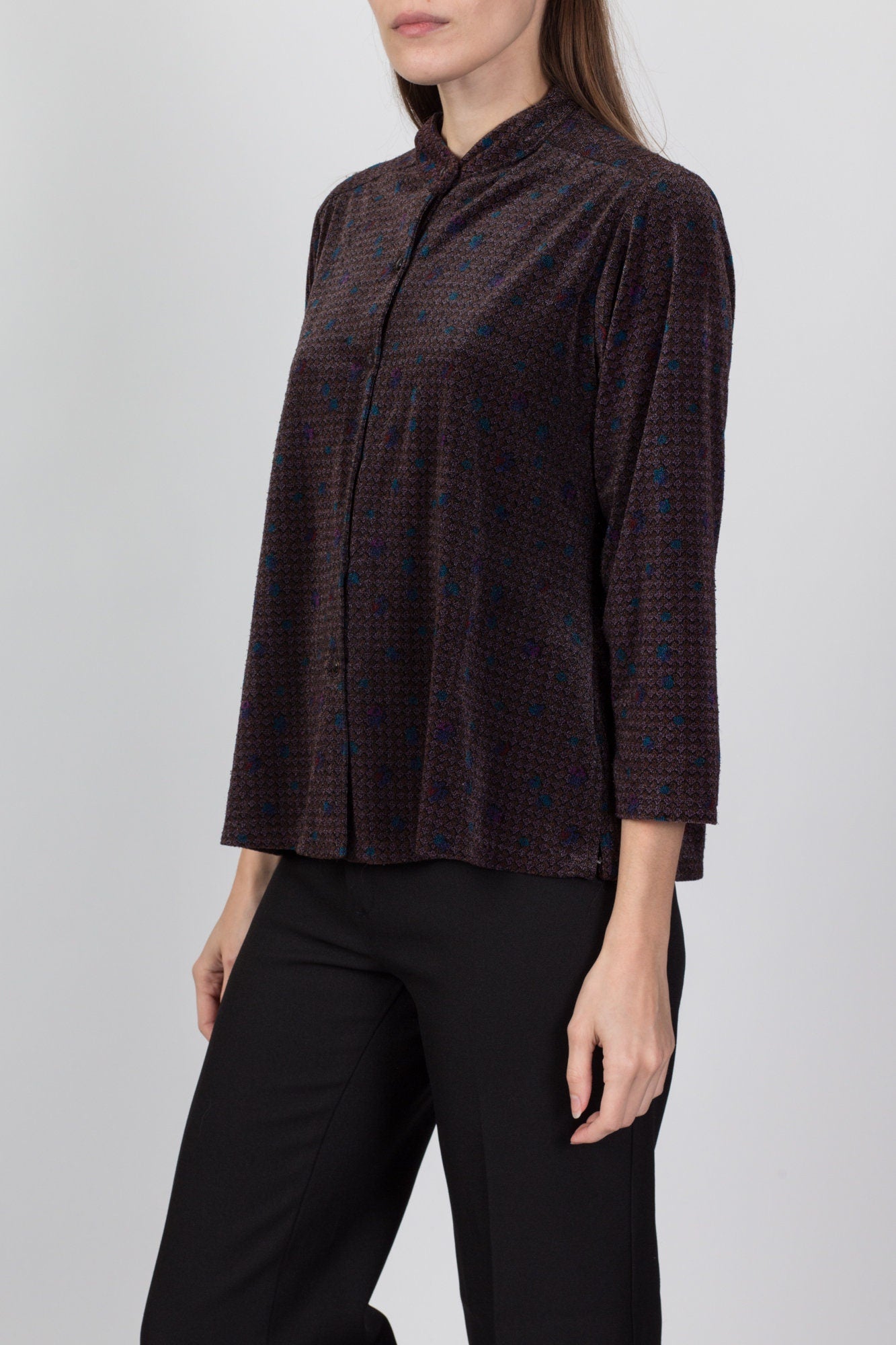 70s Nehru Collar Velour Top - Large 