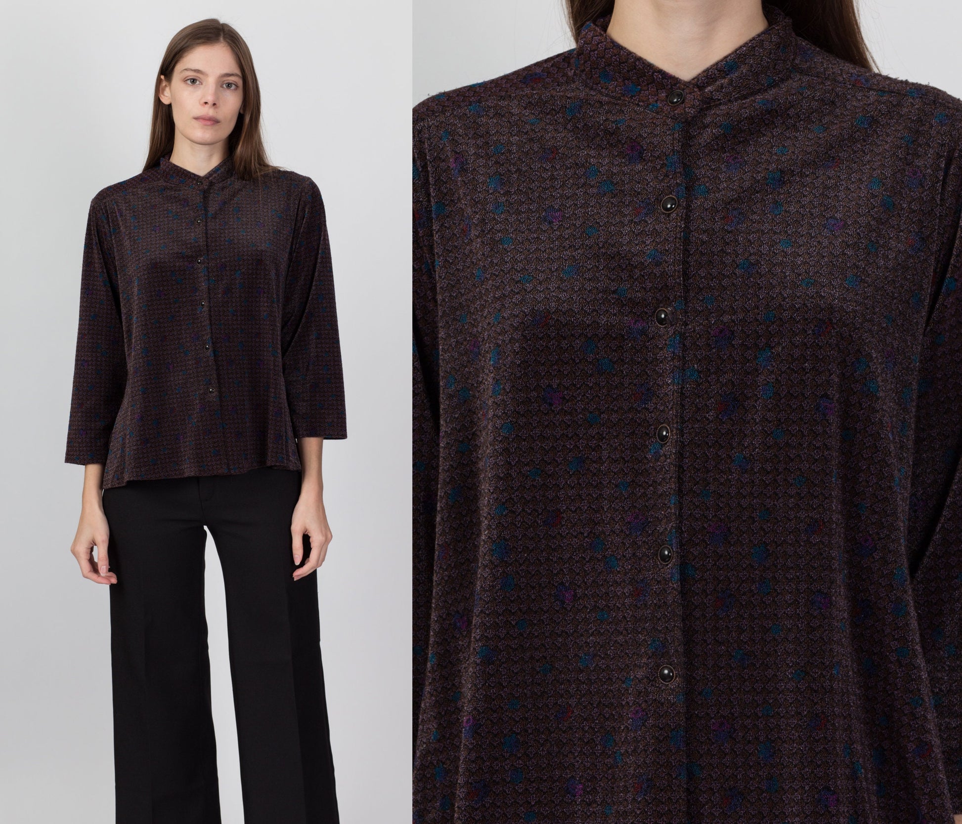 70s Nehru Collar Velour Top - Large 