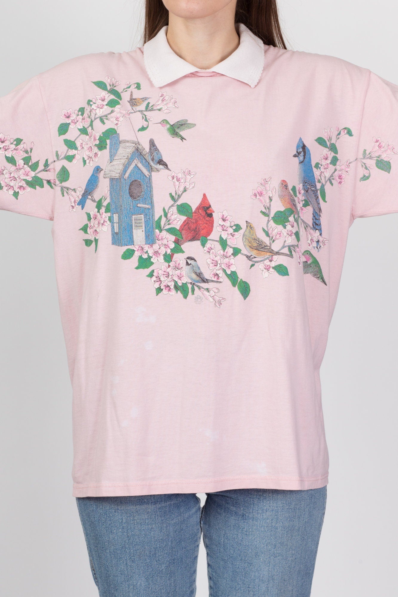 90s Pink Birdhouse Collared T Shirt - Large 