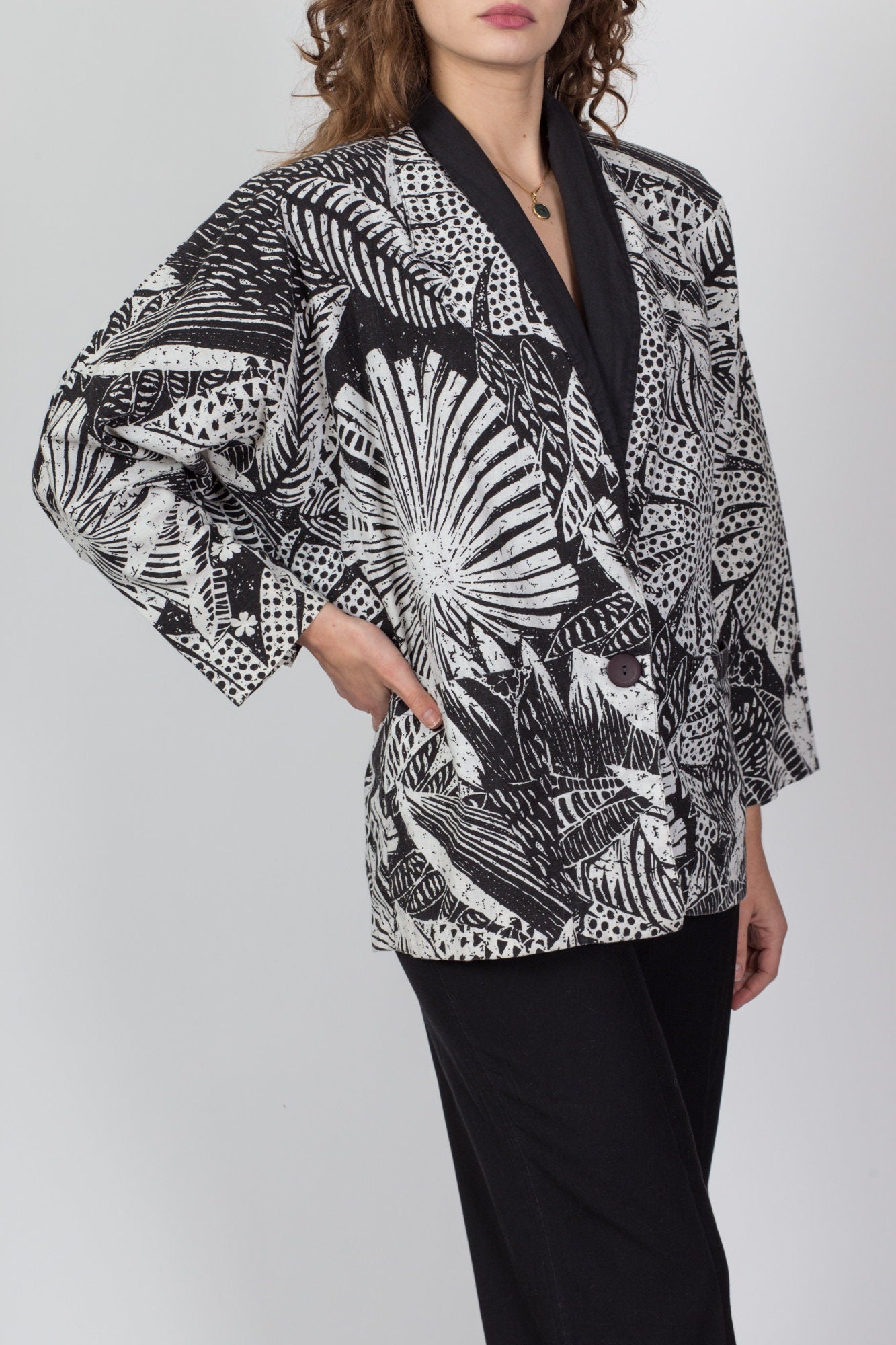 80s Two Tone Tropical Floral Blazer Jacket - One Size 