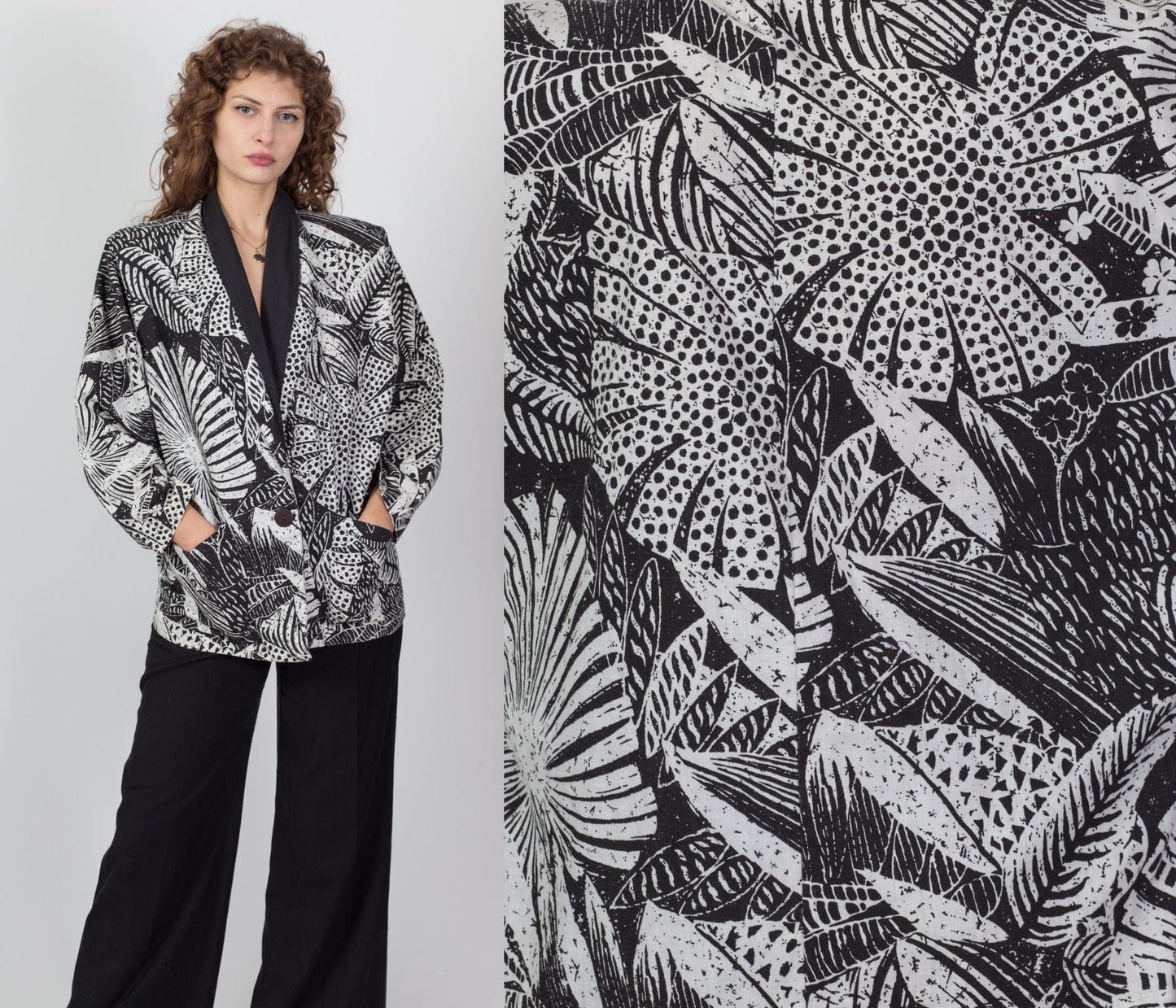 80s Two Tone Tropical Floral Blazer Jacket - One Size 