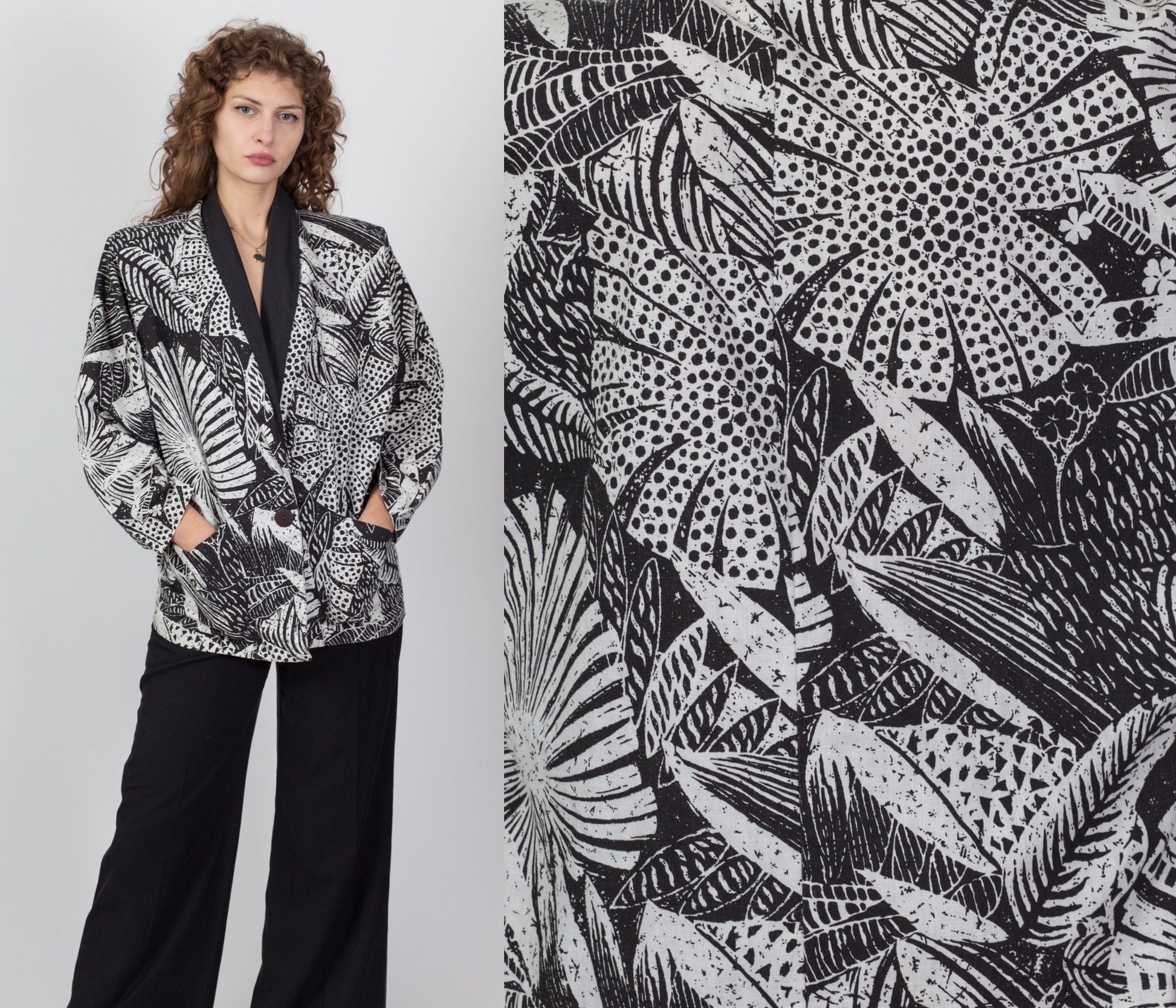 80s Two Tone Tropical Floral Blazer Jacket - One Size 