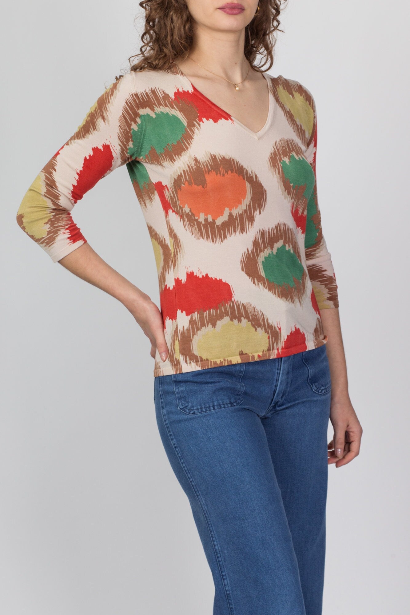 80s Silk Knit Earth Tone Pattern Blouse - Small 