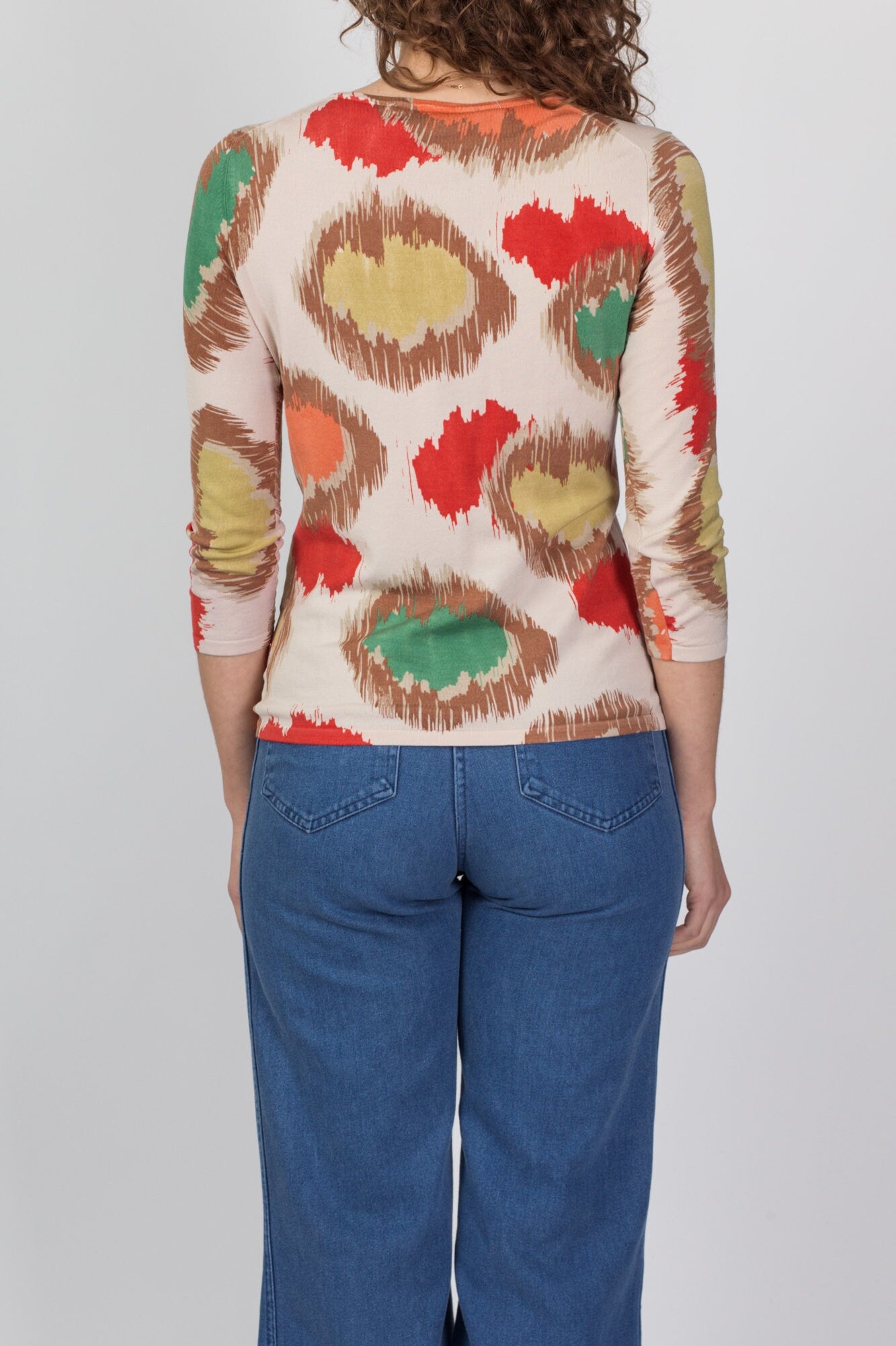 80s Silk Knit Earth Tone Pattern Blouse - Small 