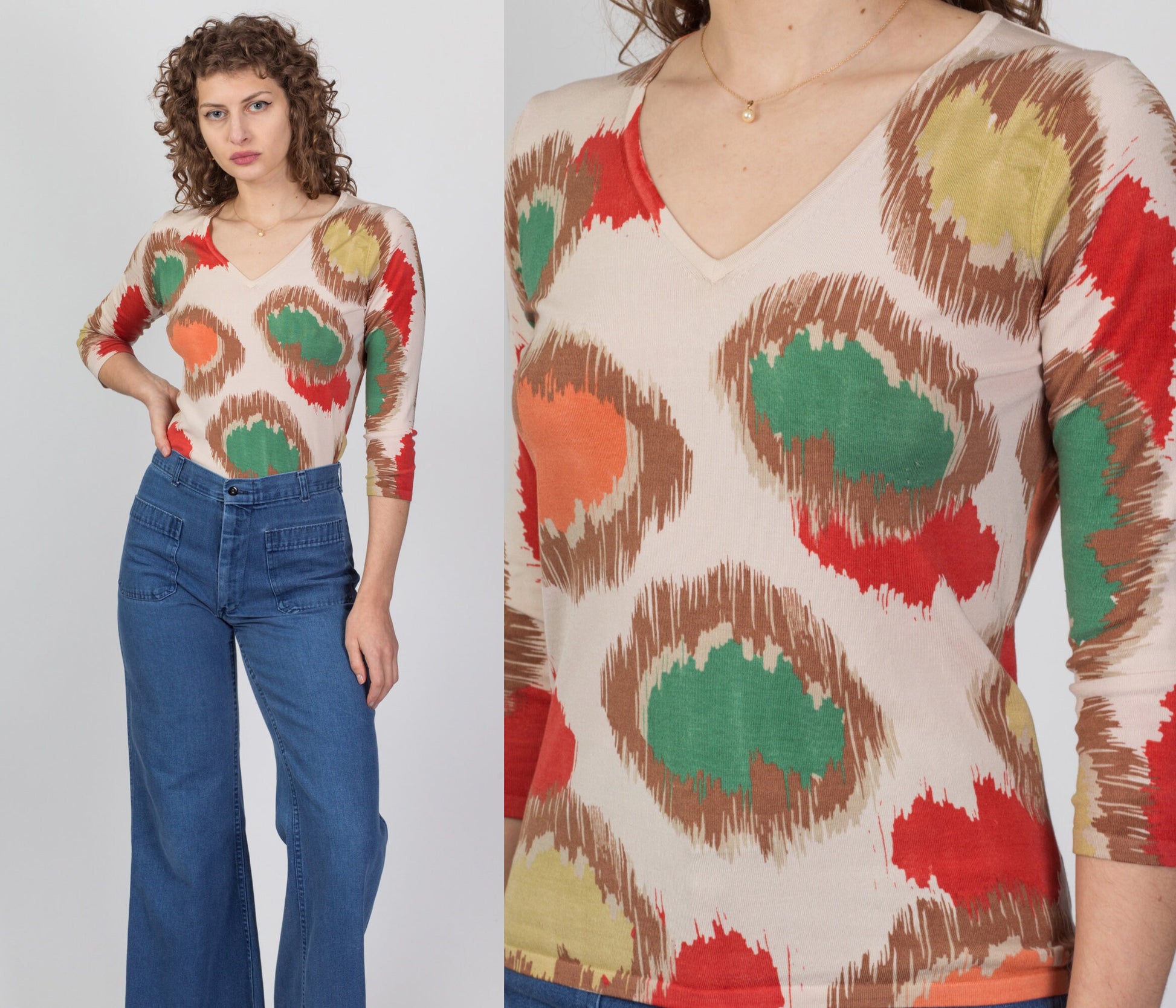 80s Silk Knit Earth Tone Pattern Blouse - Small 