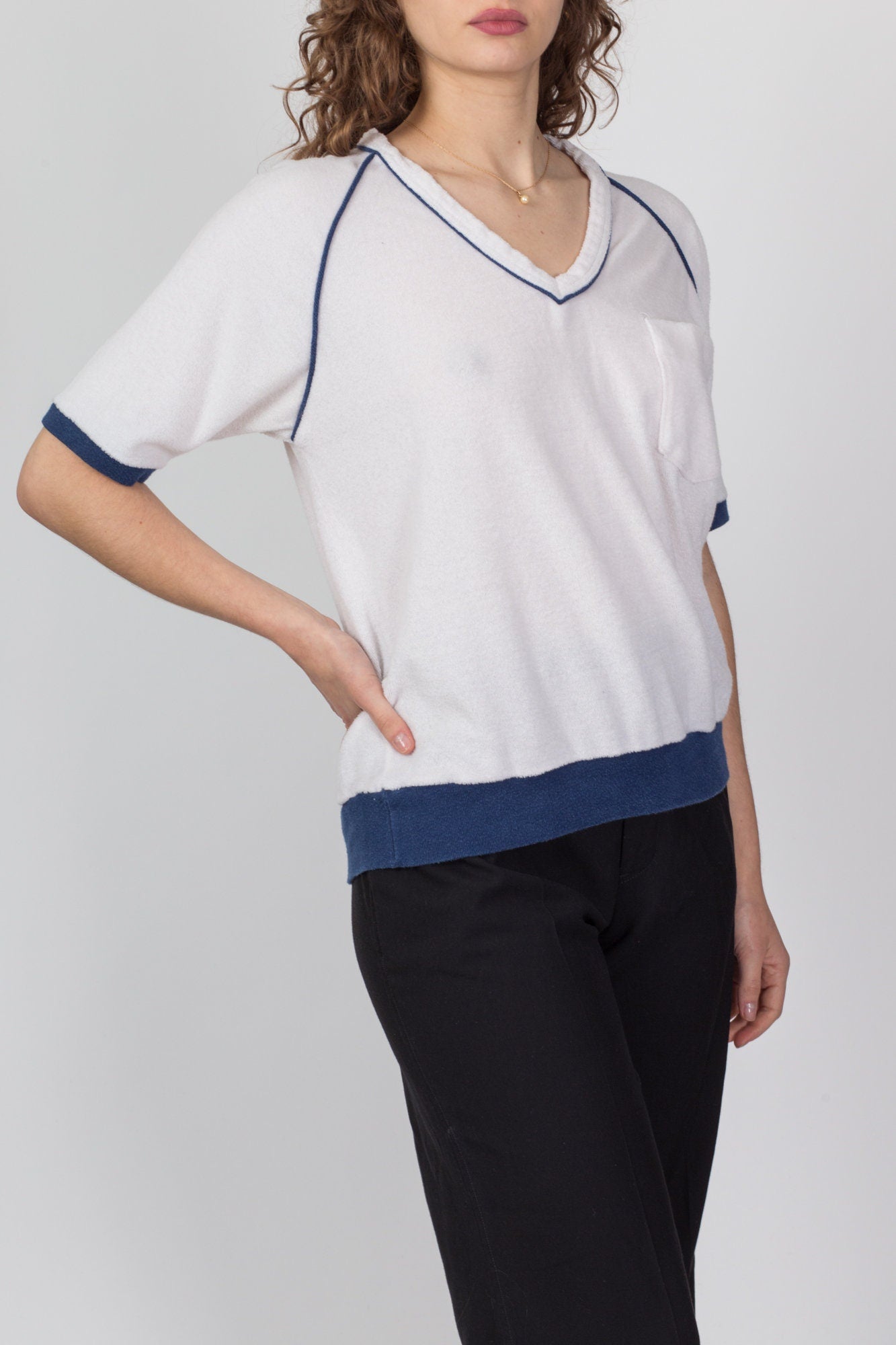 80s White Terrycloth Pocket Shirt - Men's Large, Women's XL 