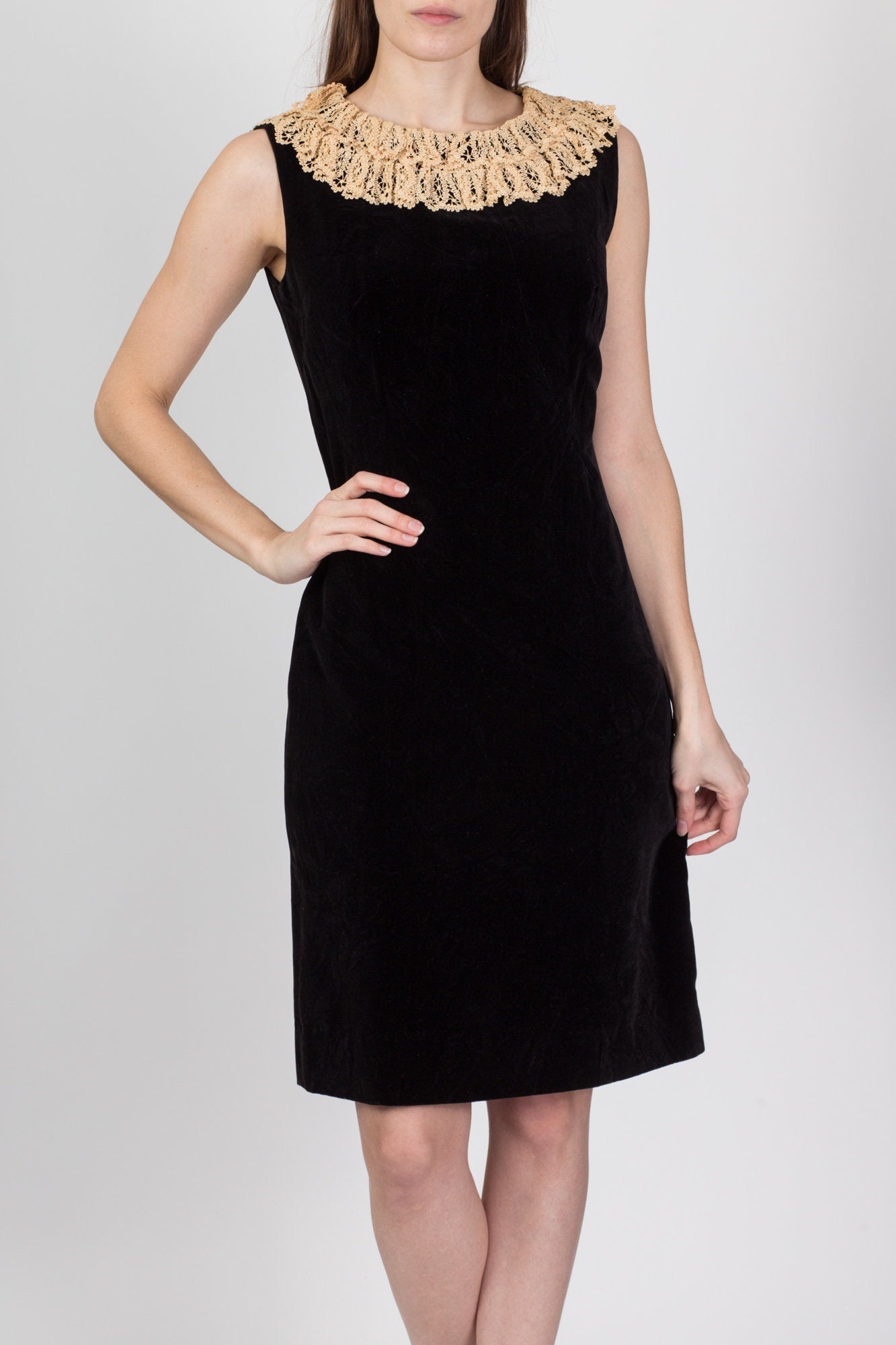 50s 60s Helen Whiting Black Velvet Lace Trim Dress - Medium 