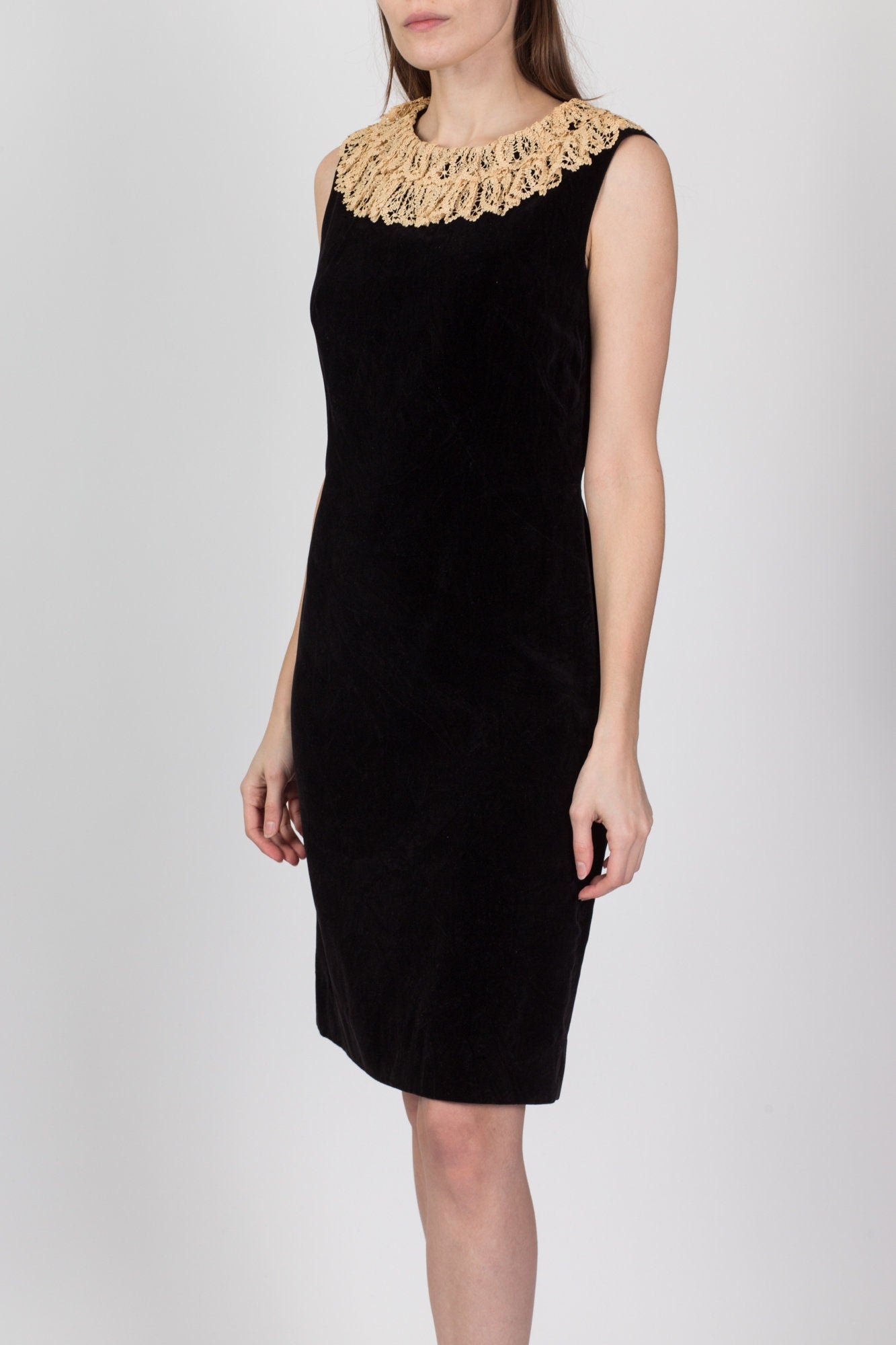 50s 60s Helen Whiting Black Velvet Lace Trim Dress - Medium 