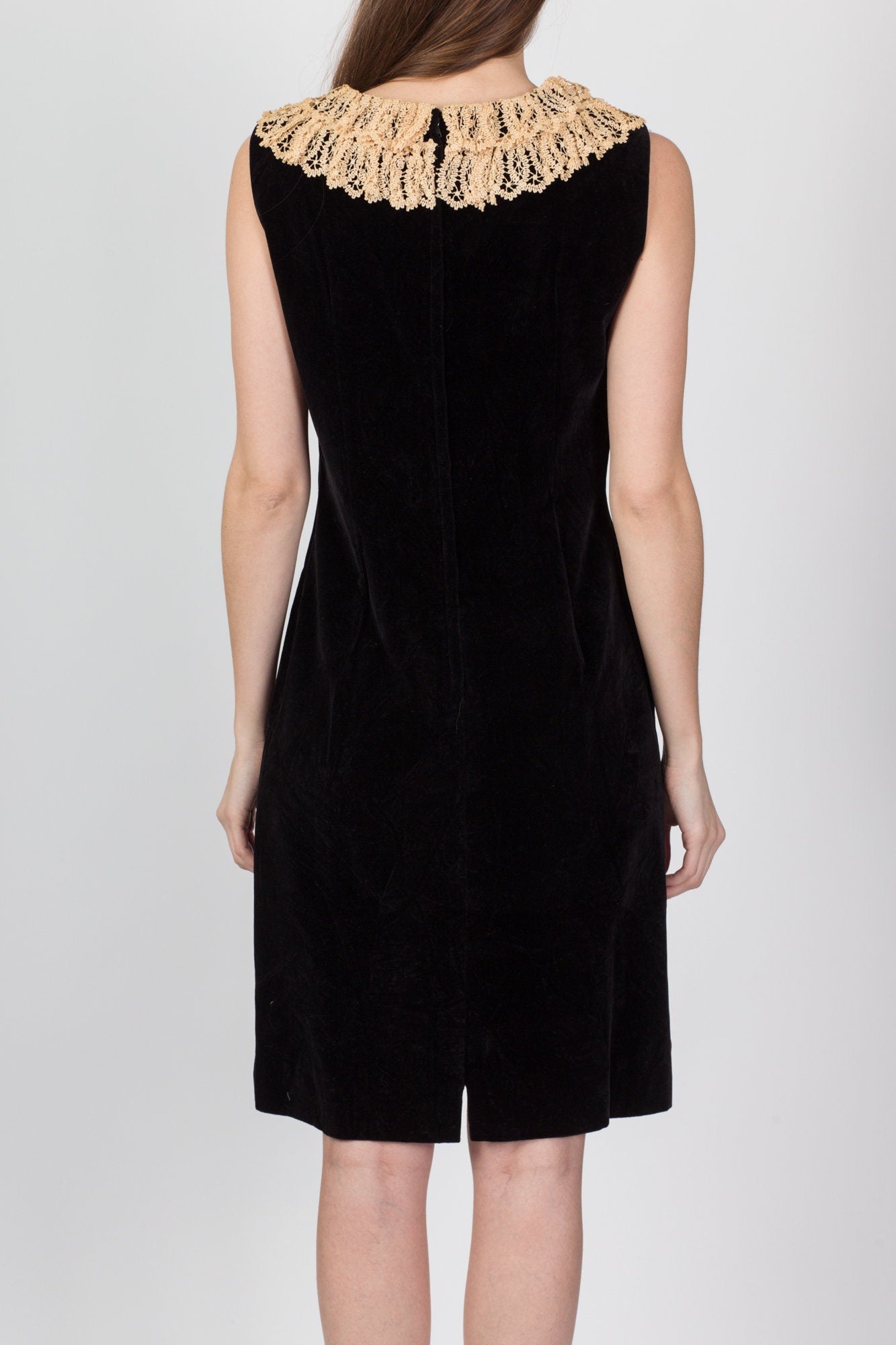 50s 60s Helen Whiting Black Velvet Lace Trim Dress - Medium 