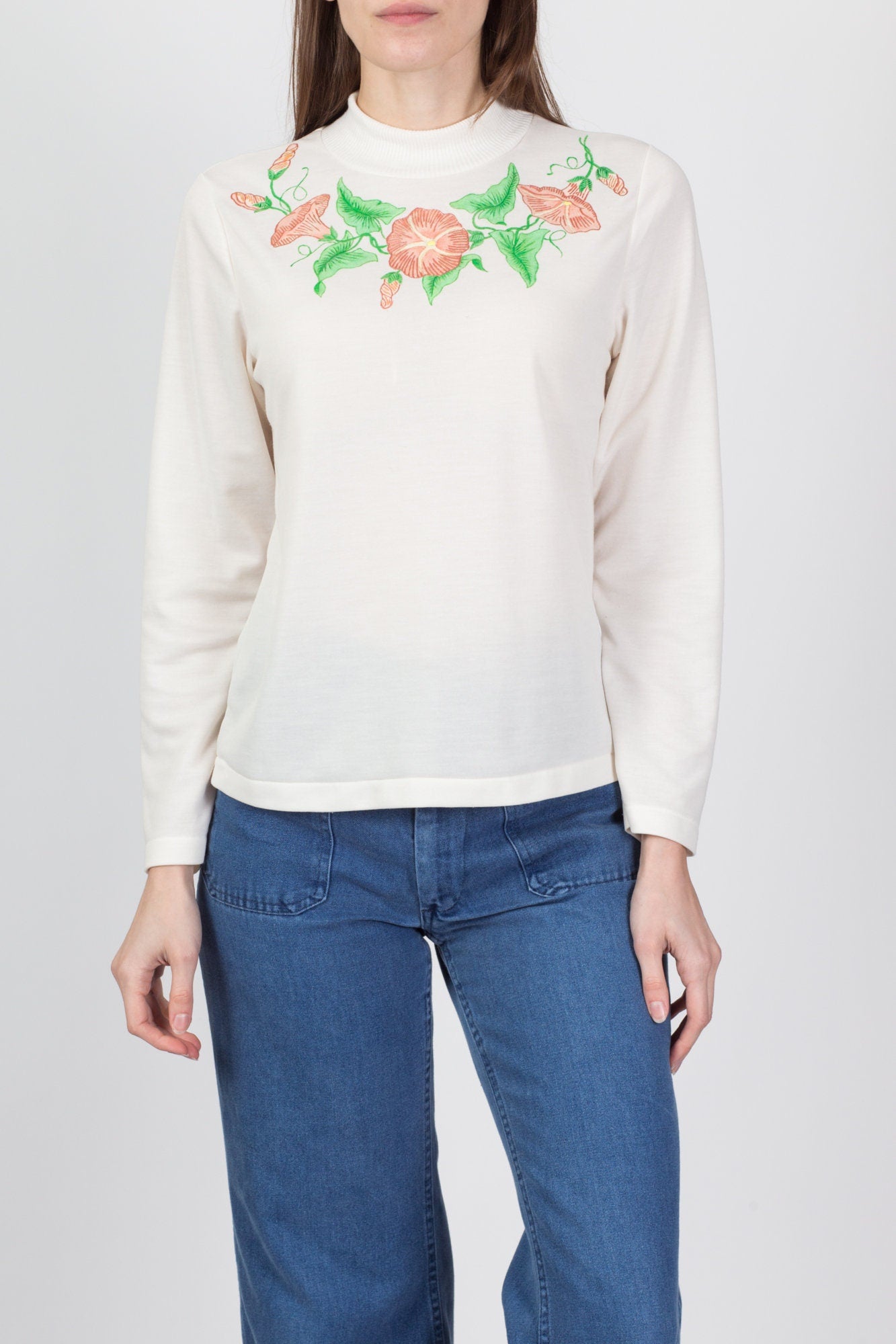 70s Painted Floral Mockneck Top - Medium 
