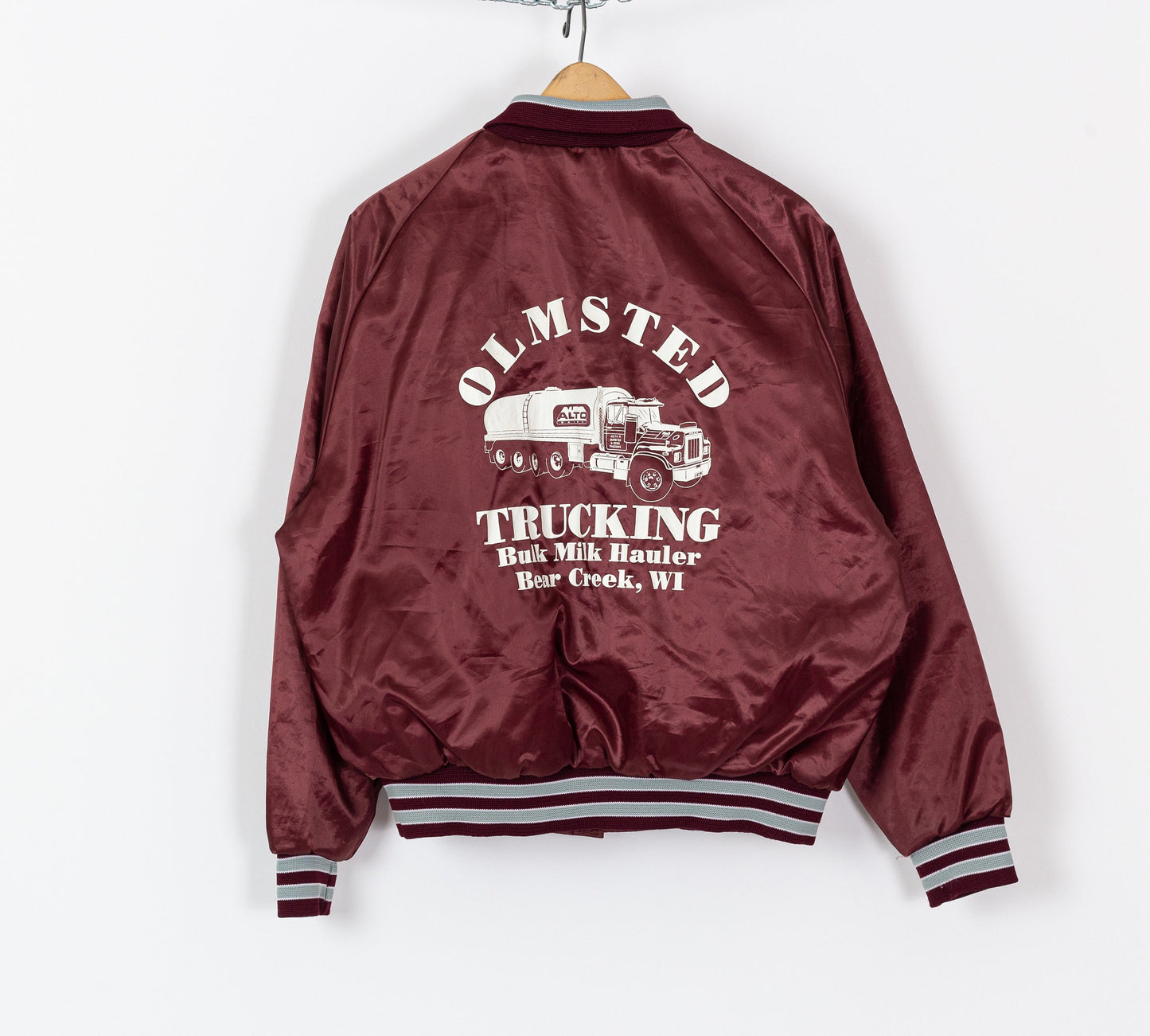 80s Olmsted Trucking Satin Varsity Jacket - Men's Large 