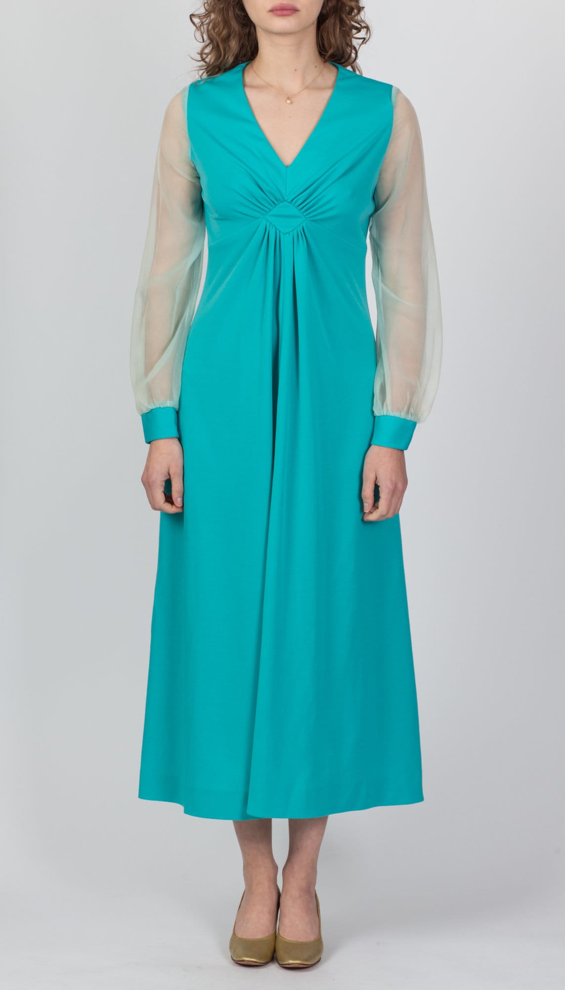 70s Blue Sheer Sleeve Maxi Dress - Medium 