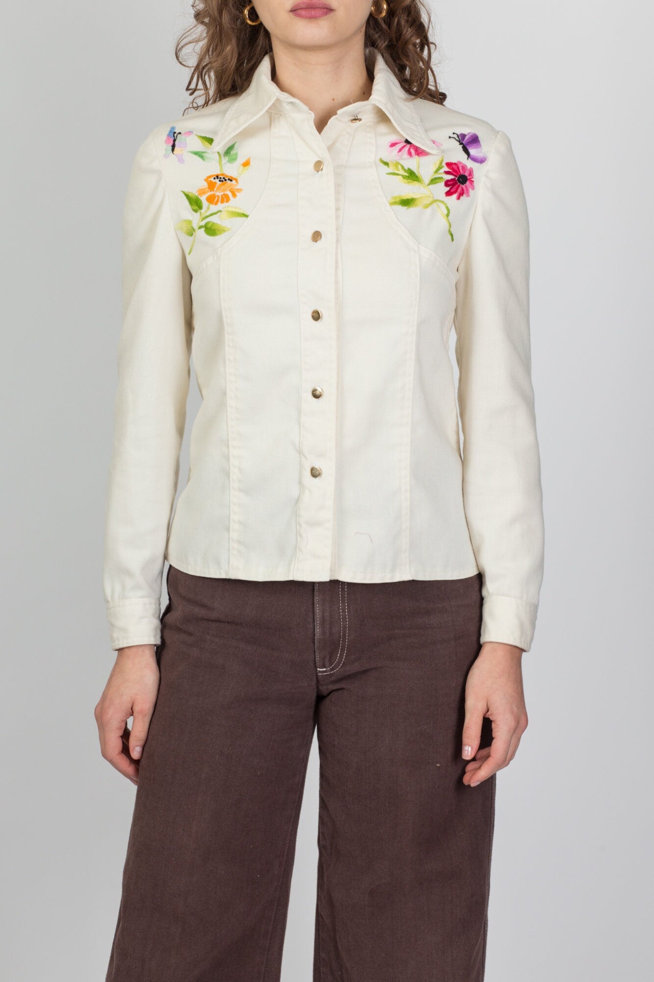 70s Embroidered Off-White Denim Look Jacket - Small 