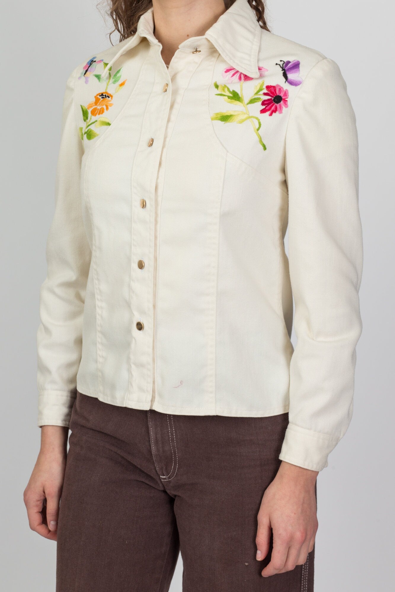 70s Embroidered Off-White Denim Look Jacket - Small 