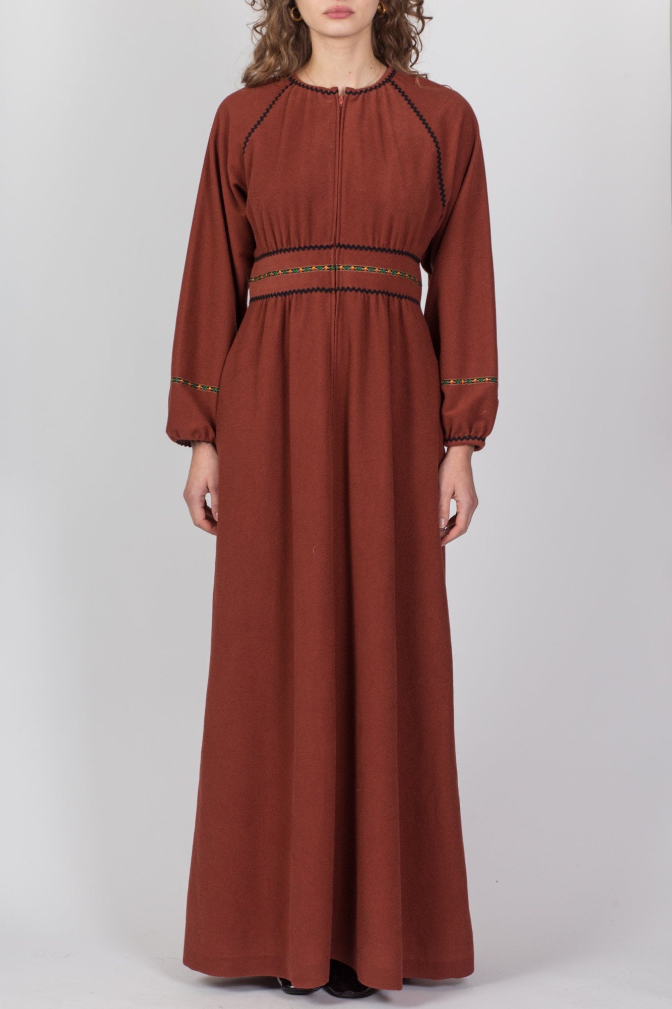 70s Vassarette Copper Felt Hostess Dress - Medium 