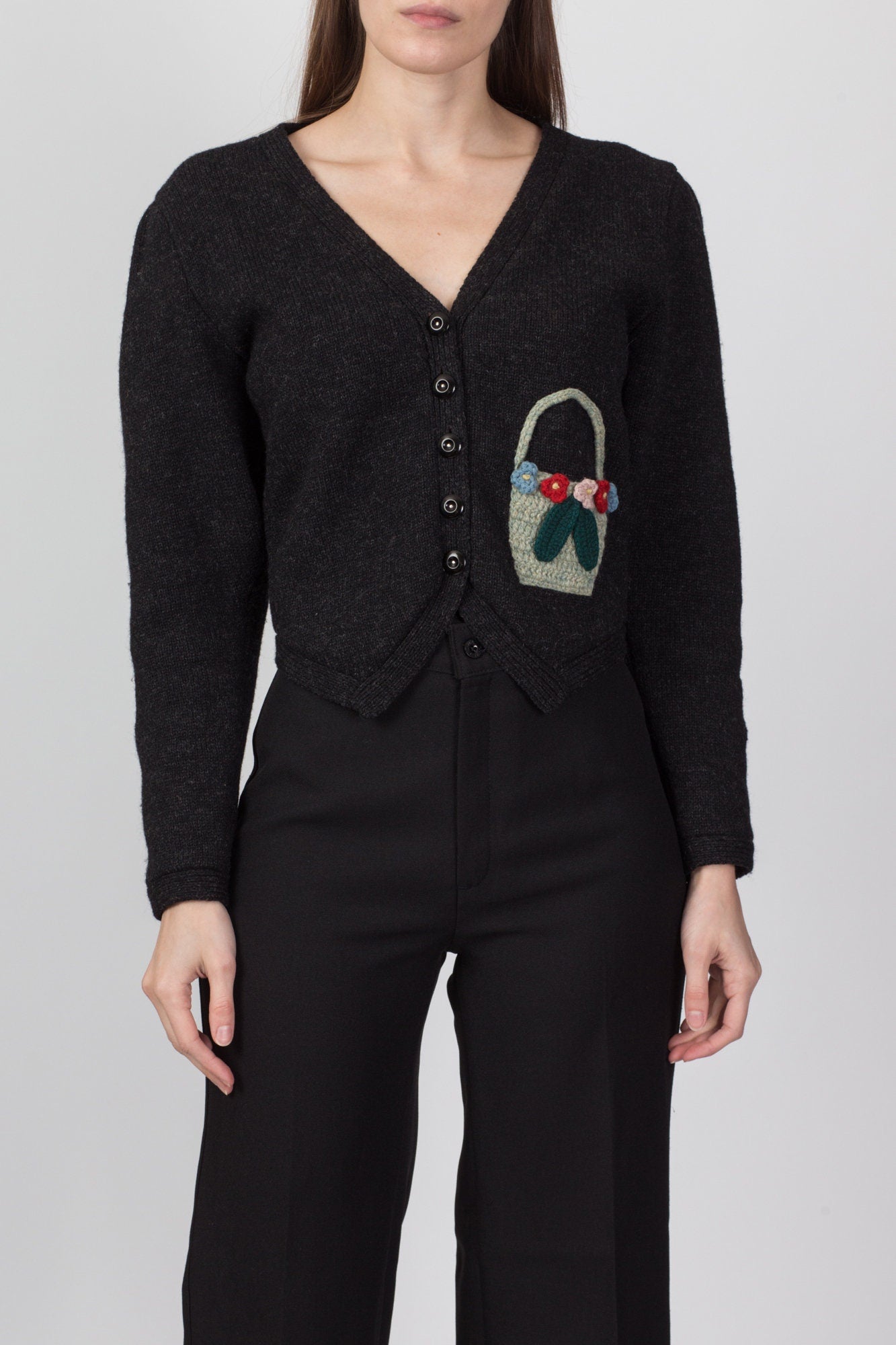 80s Susan Bristol Novelty Flower Basket Cropped Cardigan - Small to Medium 