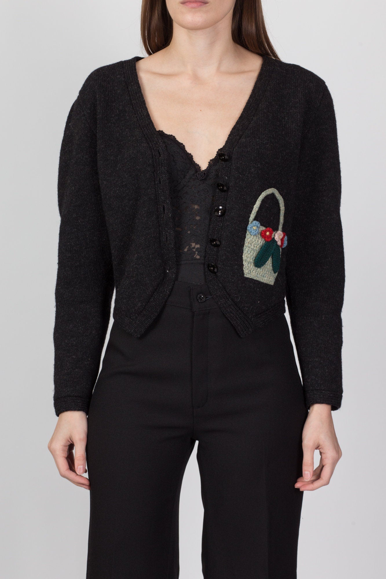 80s Susan Bristol Novelty Flower Basket Cropped Cardigan - Small to Medium 