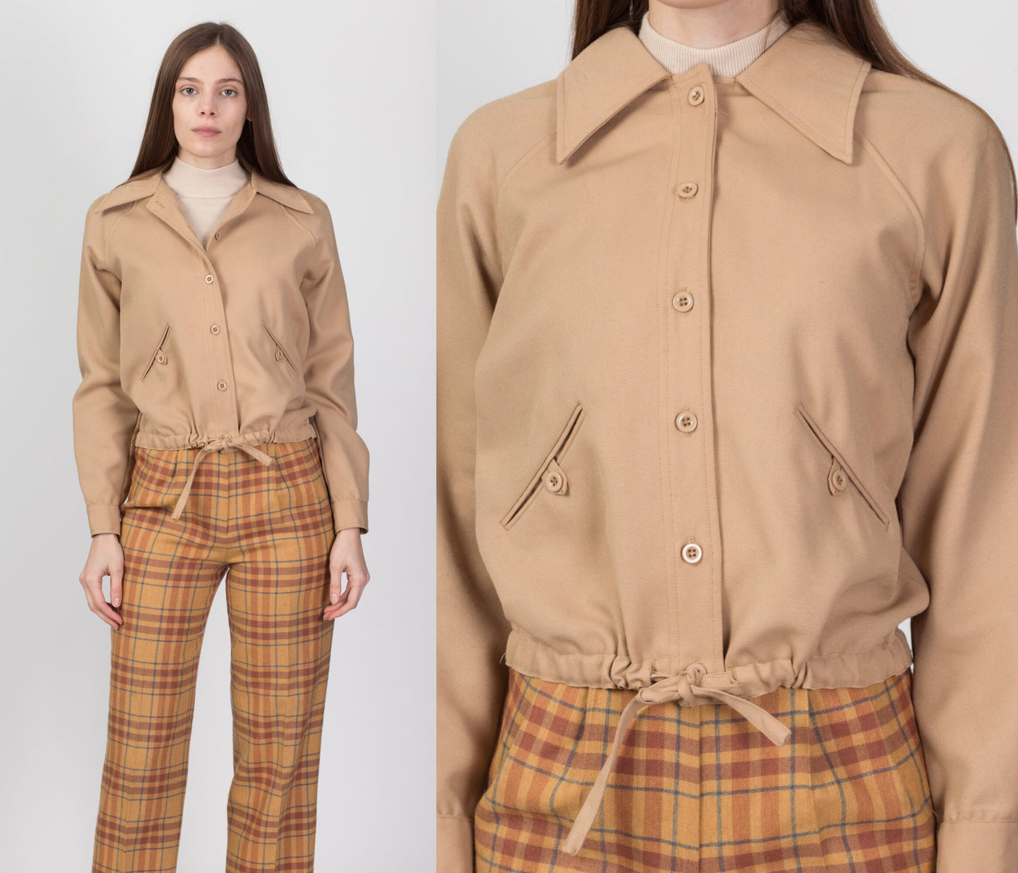 70s Tan Cropped Cinched Waist Jacket - Small to Medium 