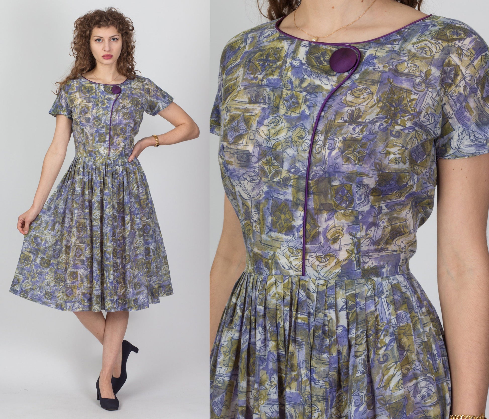 60s Abstract Floral Fit & Flare Day Dress - Medium 