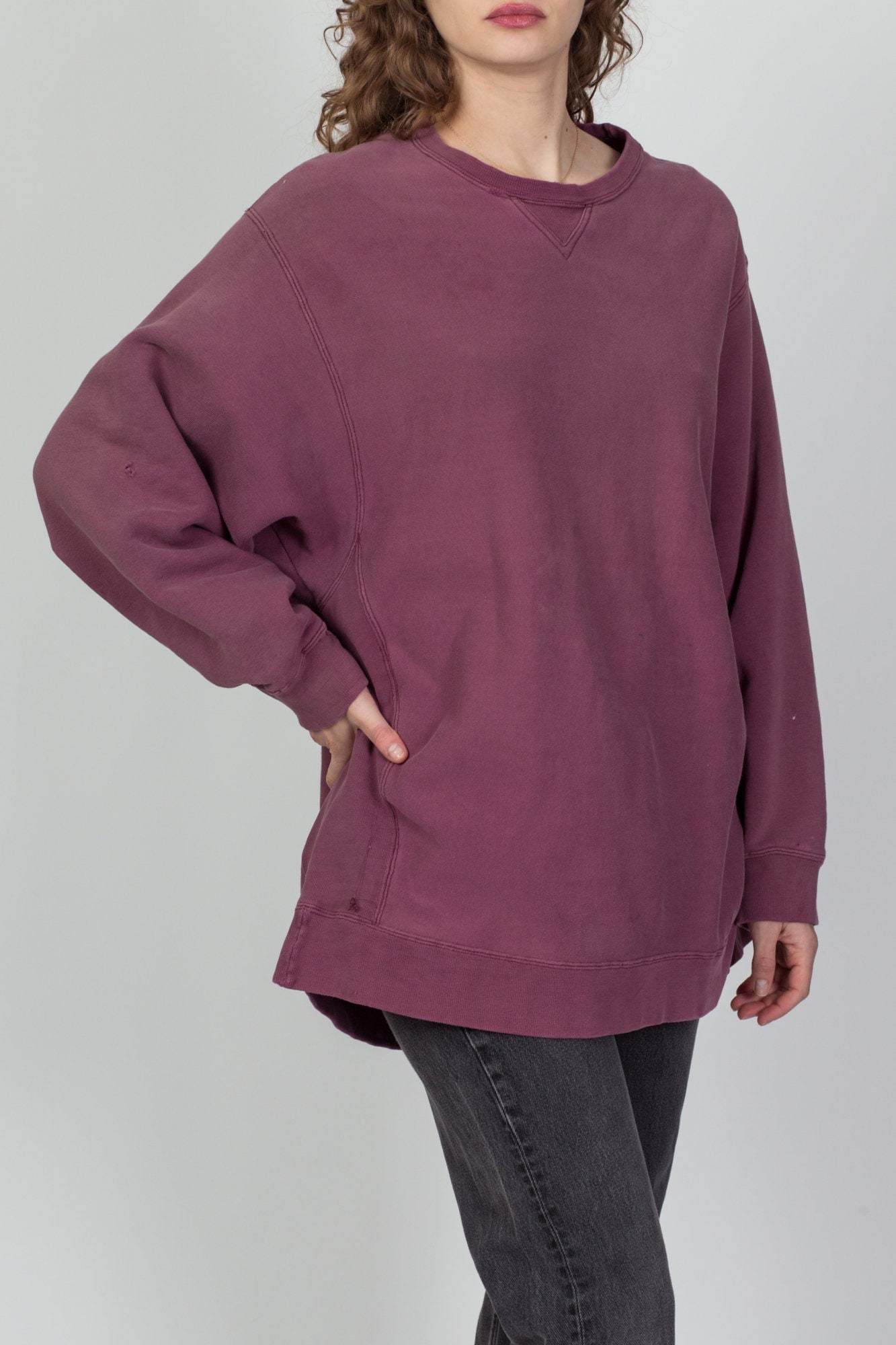 90s Distressed Long Faded Magenta Sweatshirt - Men's XL, Women's XXL 