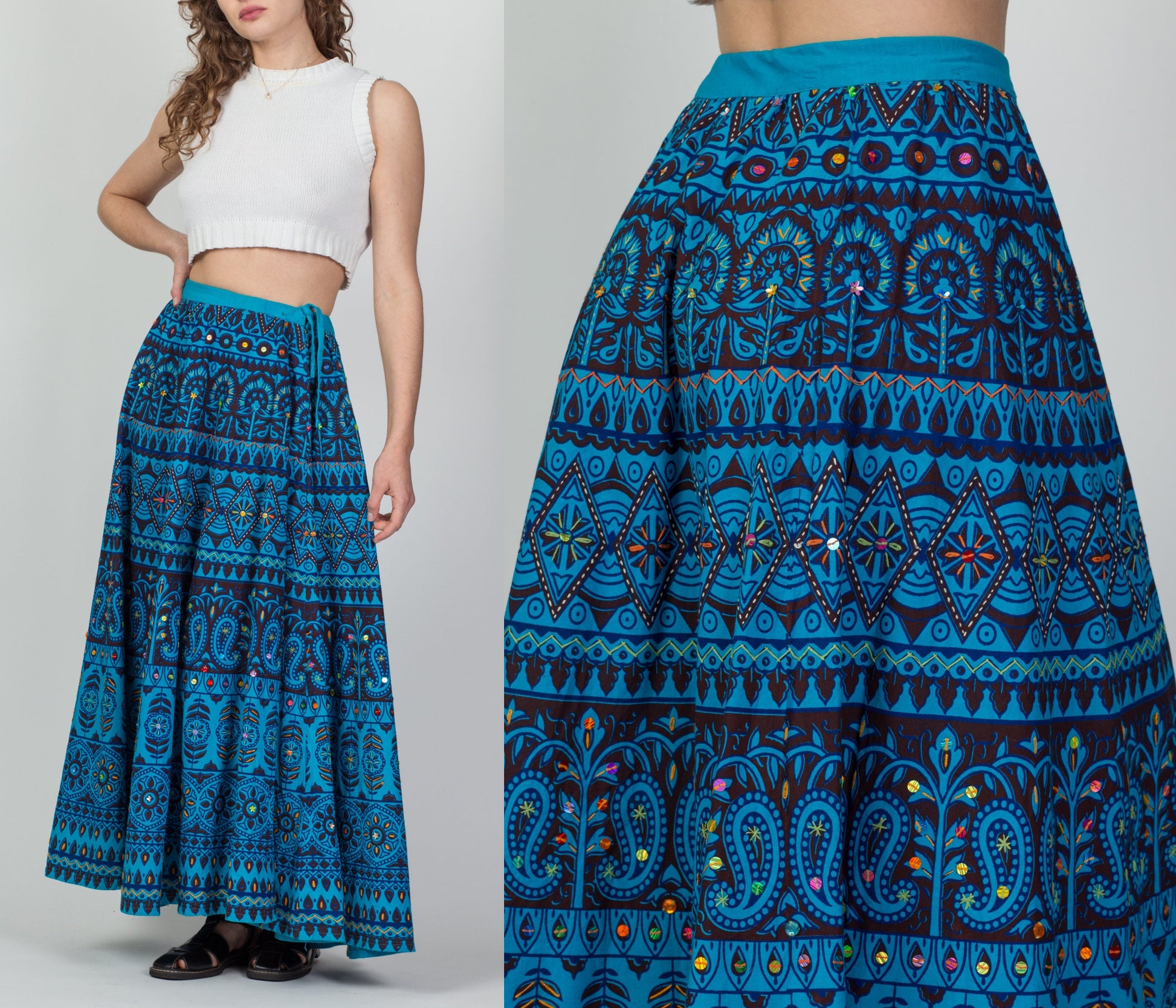 Vintage 70s Blue Indian Block Print Skirt - Small to Medium 