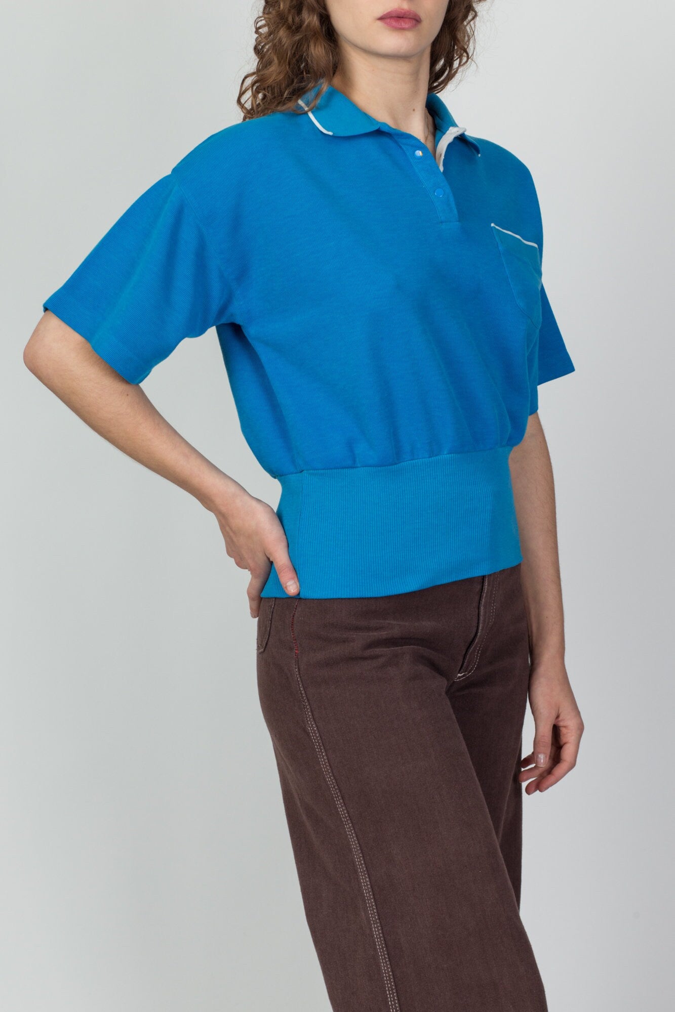 80s Cropped Blue Polo Shirt - Medium to Large 