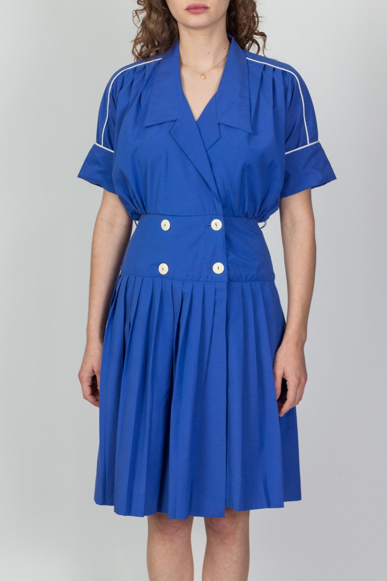 80s Does 40s Blue Double Breasted Pleated Shirtdress - Medium 