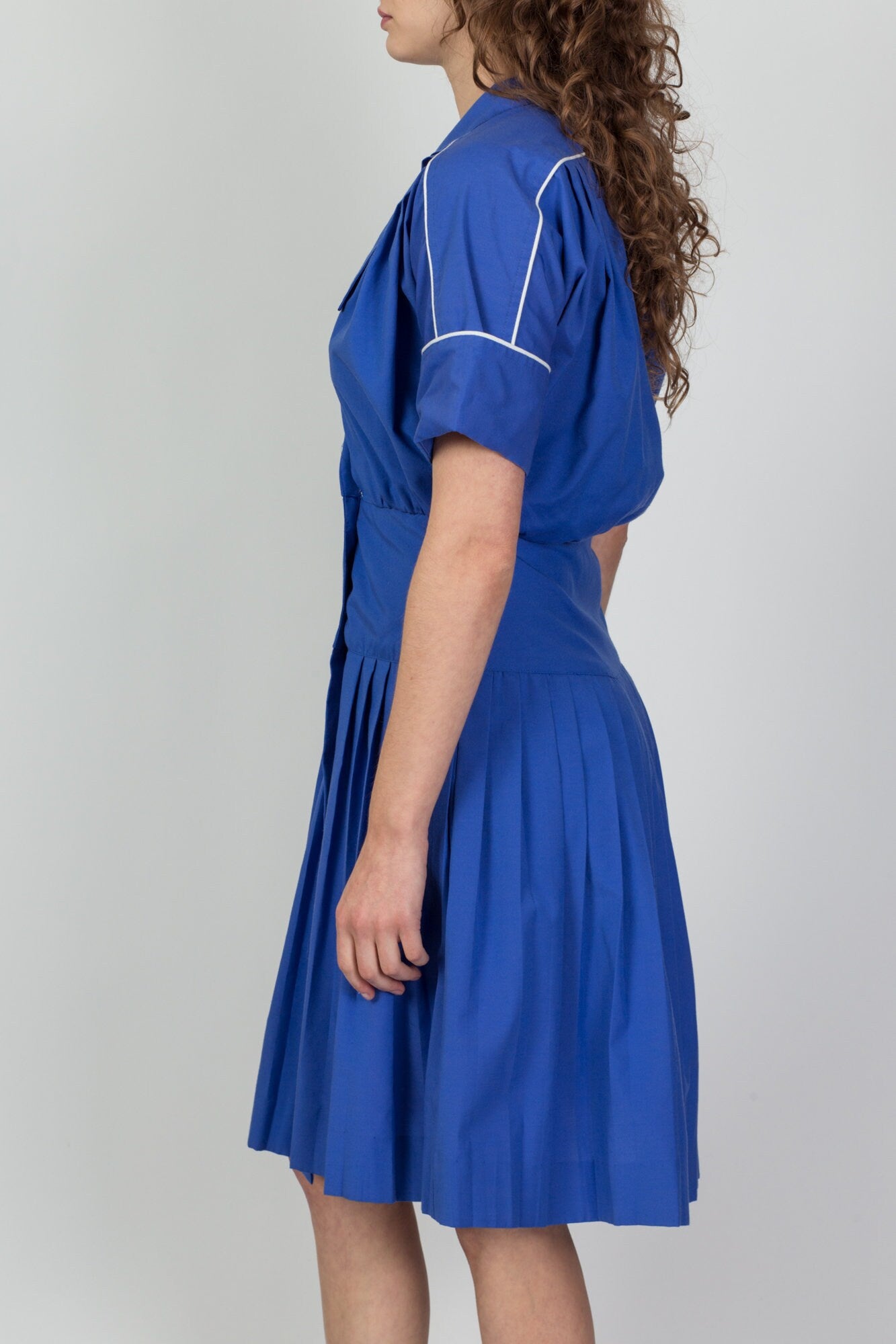 80s Does 40s Blue Double Breasted Pleated Shirtdress - Medium 