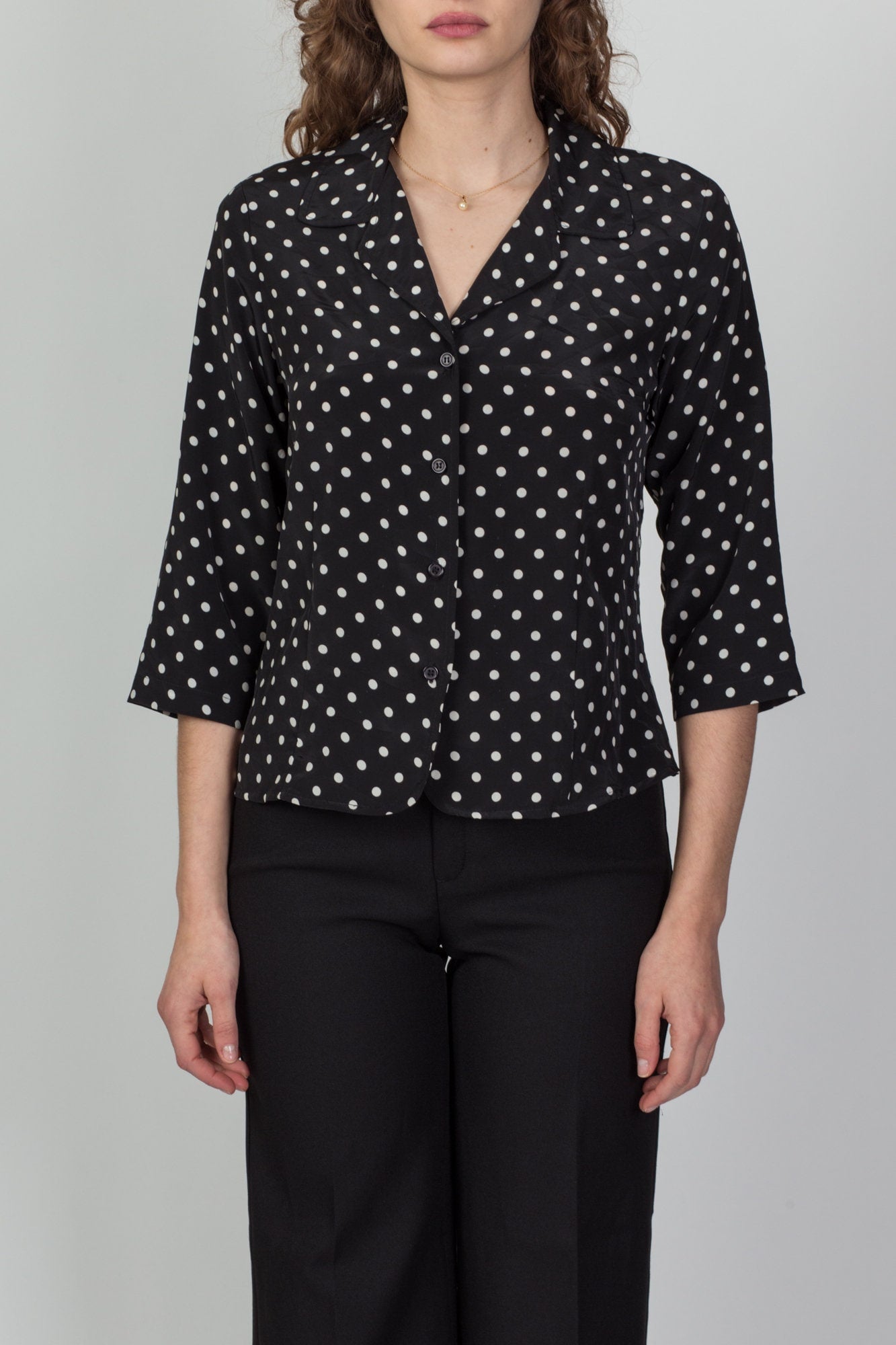 80s 90s Black & White Polka Dot Blouse - Petite Medium 