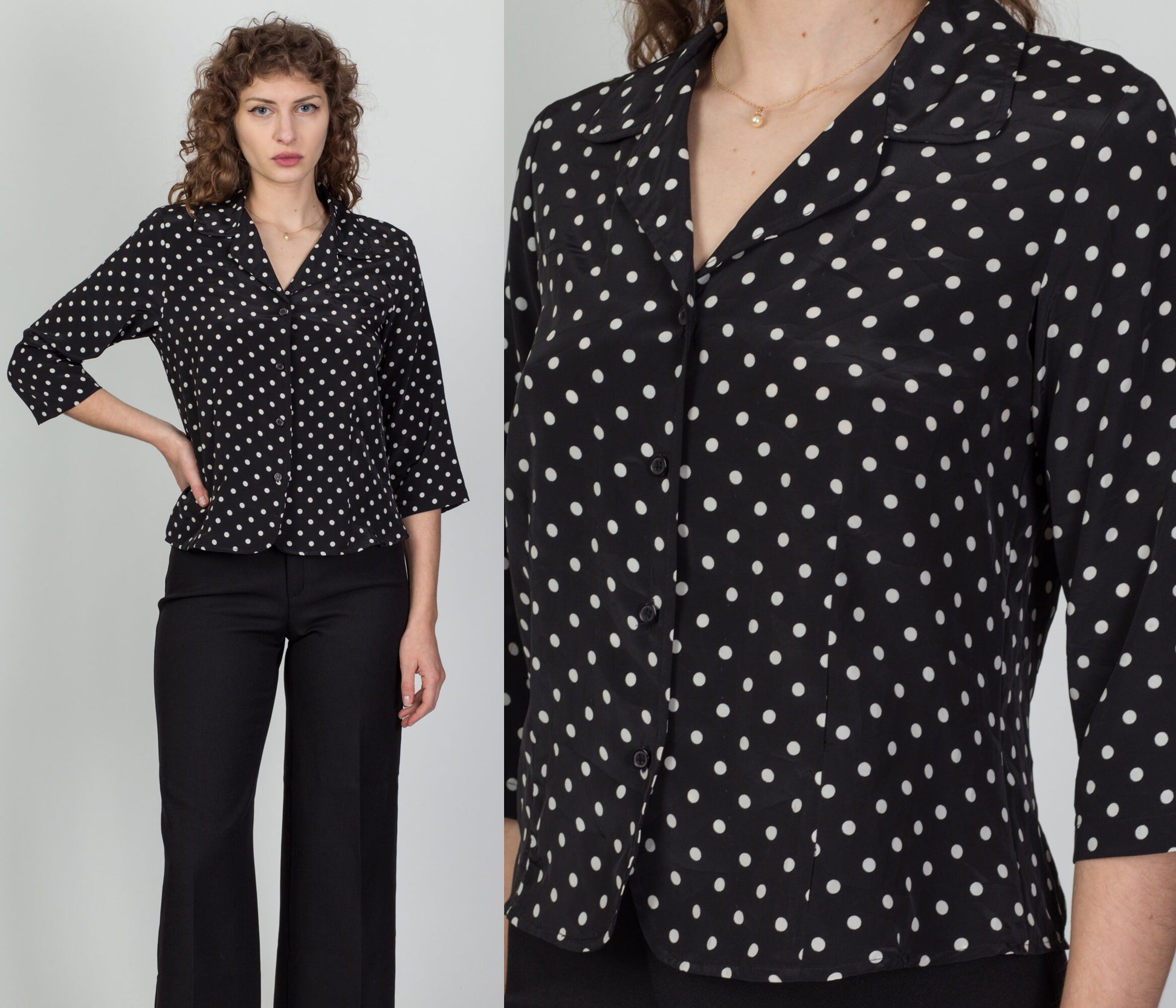 80s 90s Black & White Polka Dot Blouse - Petite Medium 