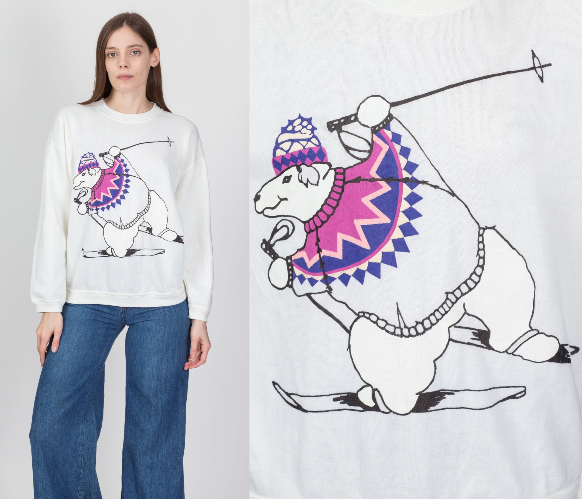 Vintage Skiing Polar Bear Sweatshirt - Large 
