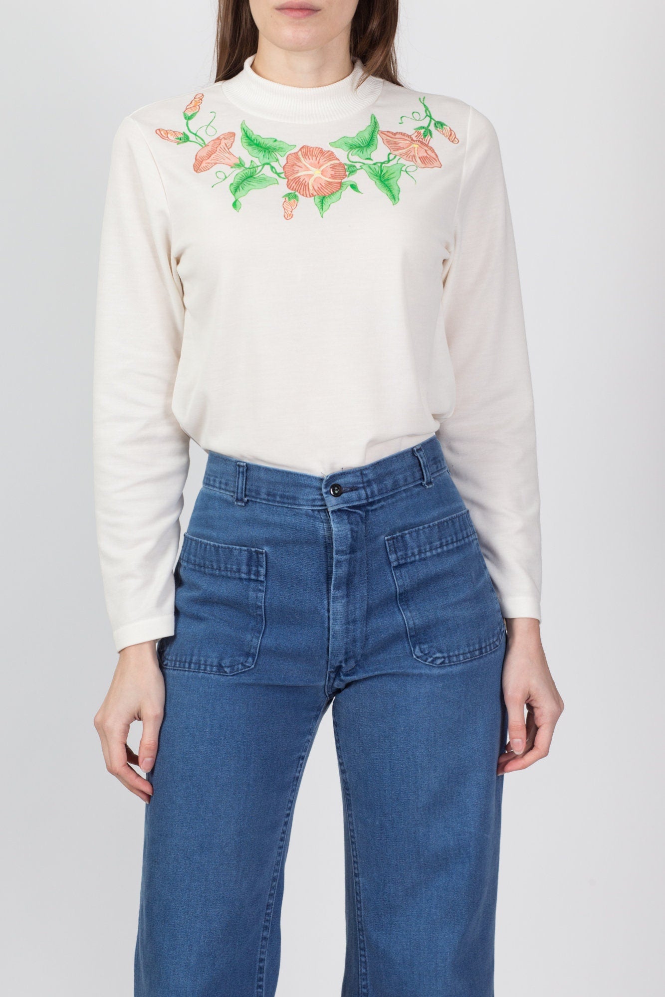 70s Painted Floral Mockneck Top - Medium 