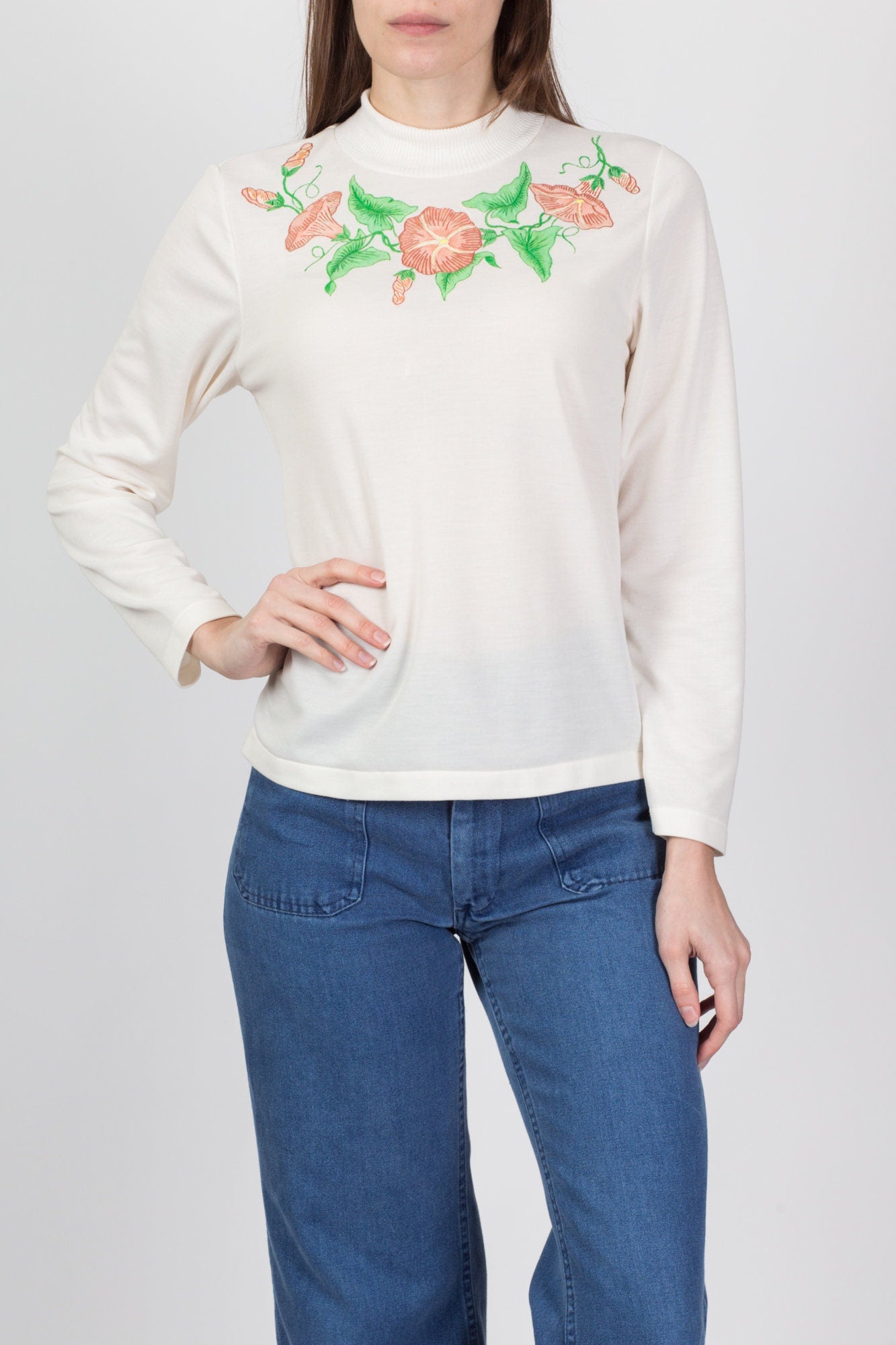 70s Painted Floral Mockneck Top - Medium 